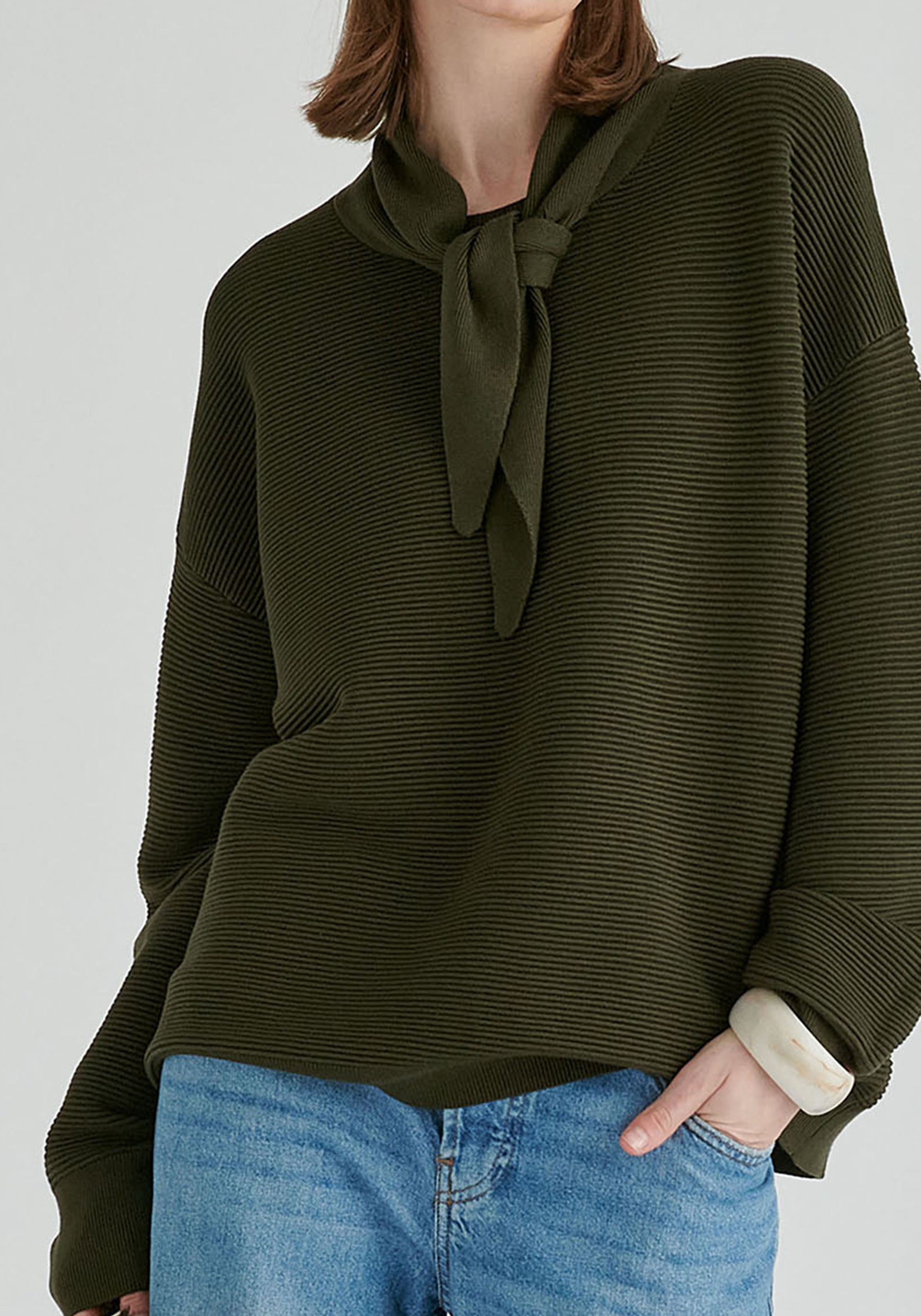 Ribbed Jumper with Attached Scarf Tie