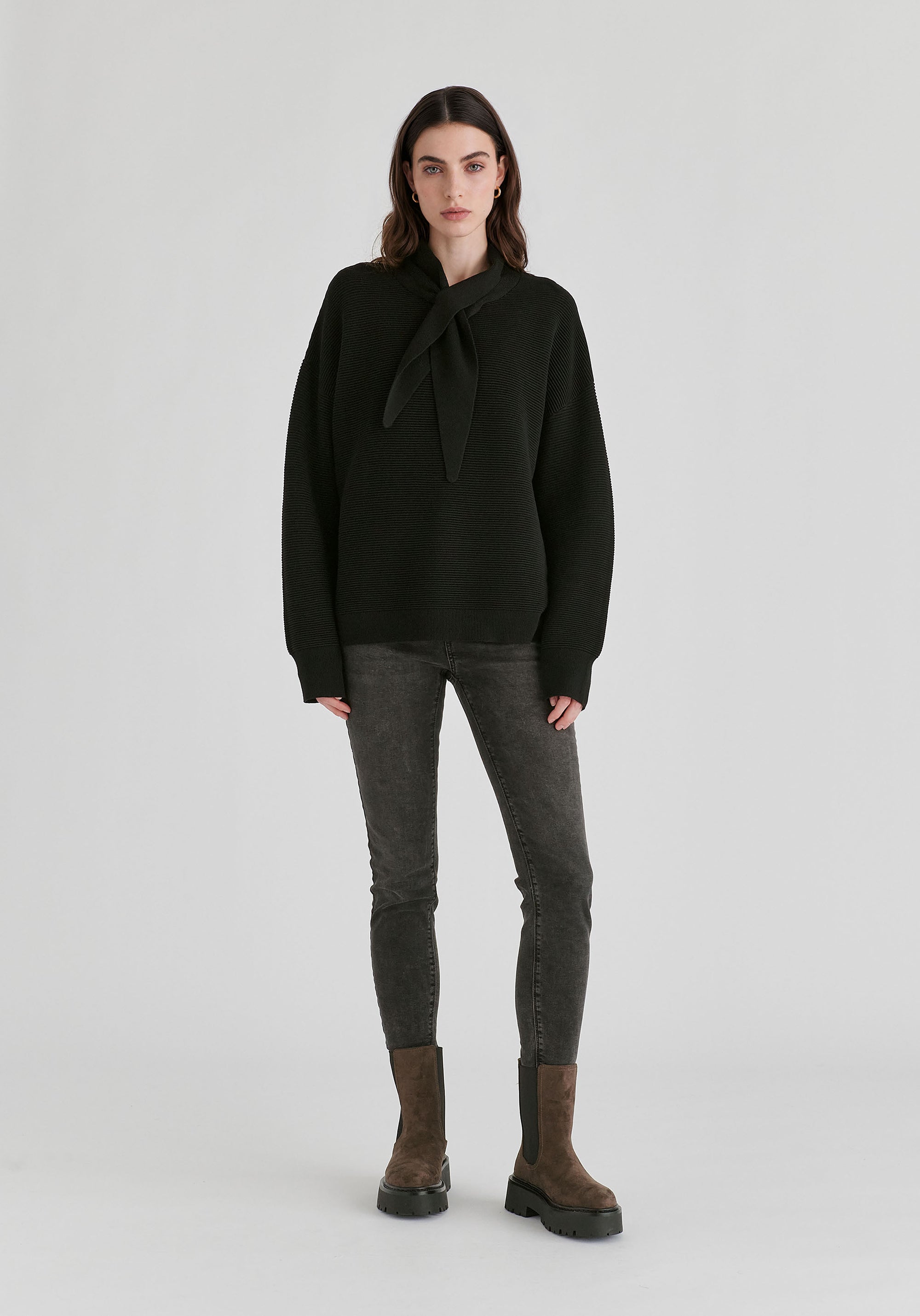Ribbed Jumper with Attached Scarf Tie