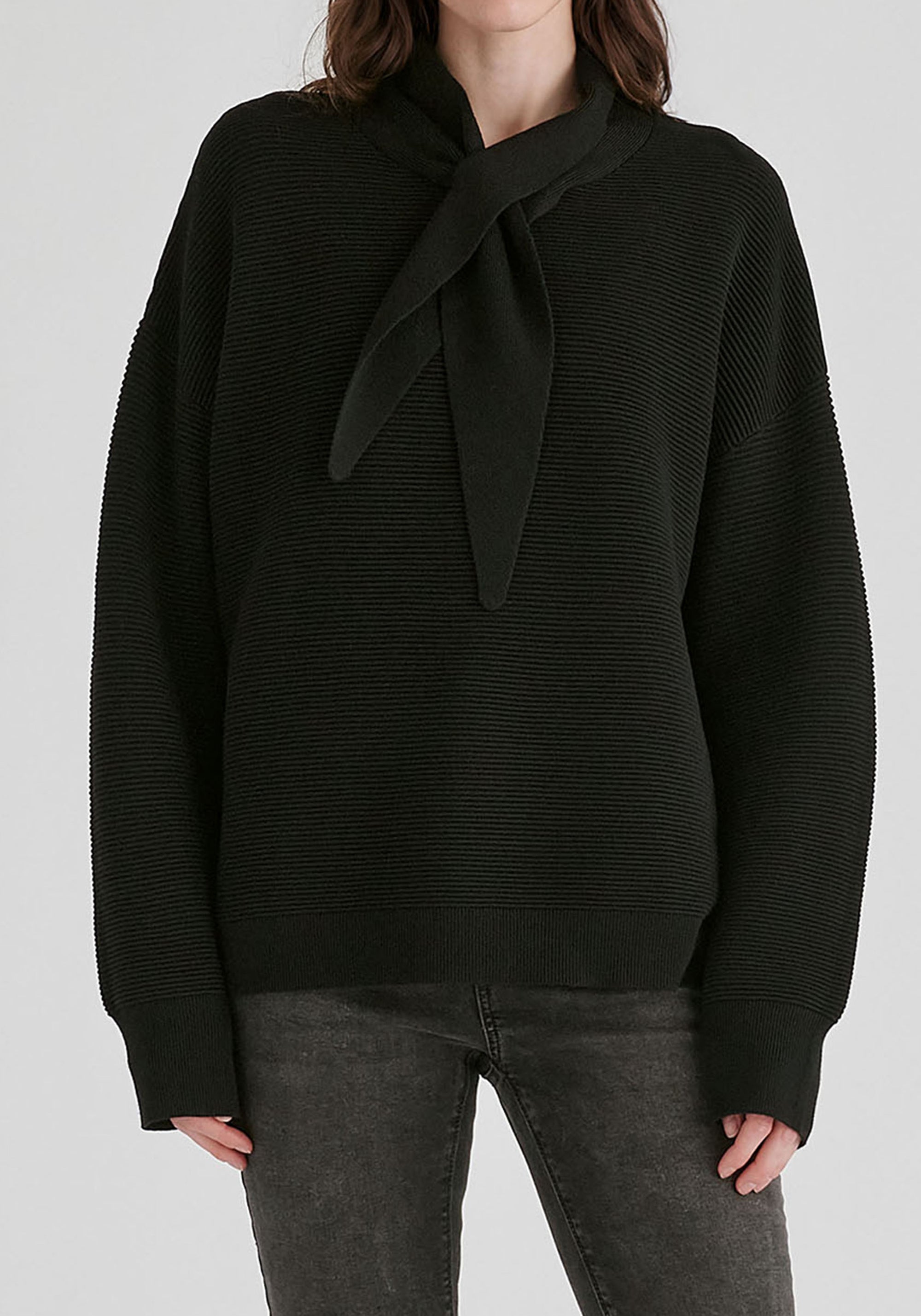 Ribbed Jumper with Attached Scarf Tie