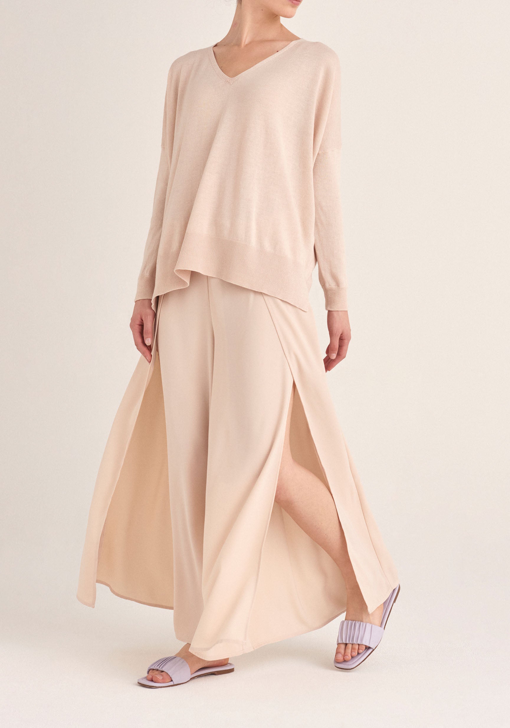 Paisie Knitted Oversized V-neck Top in Cream