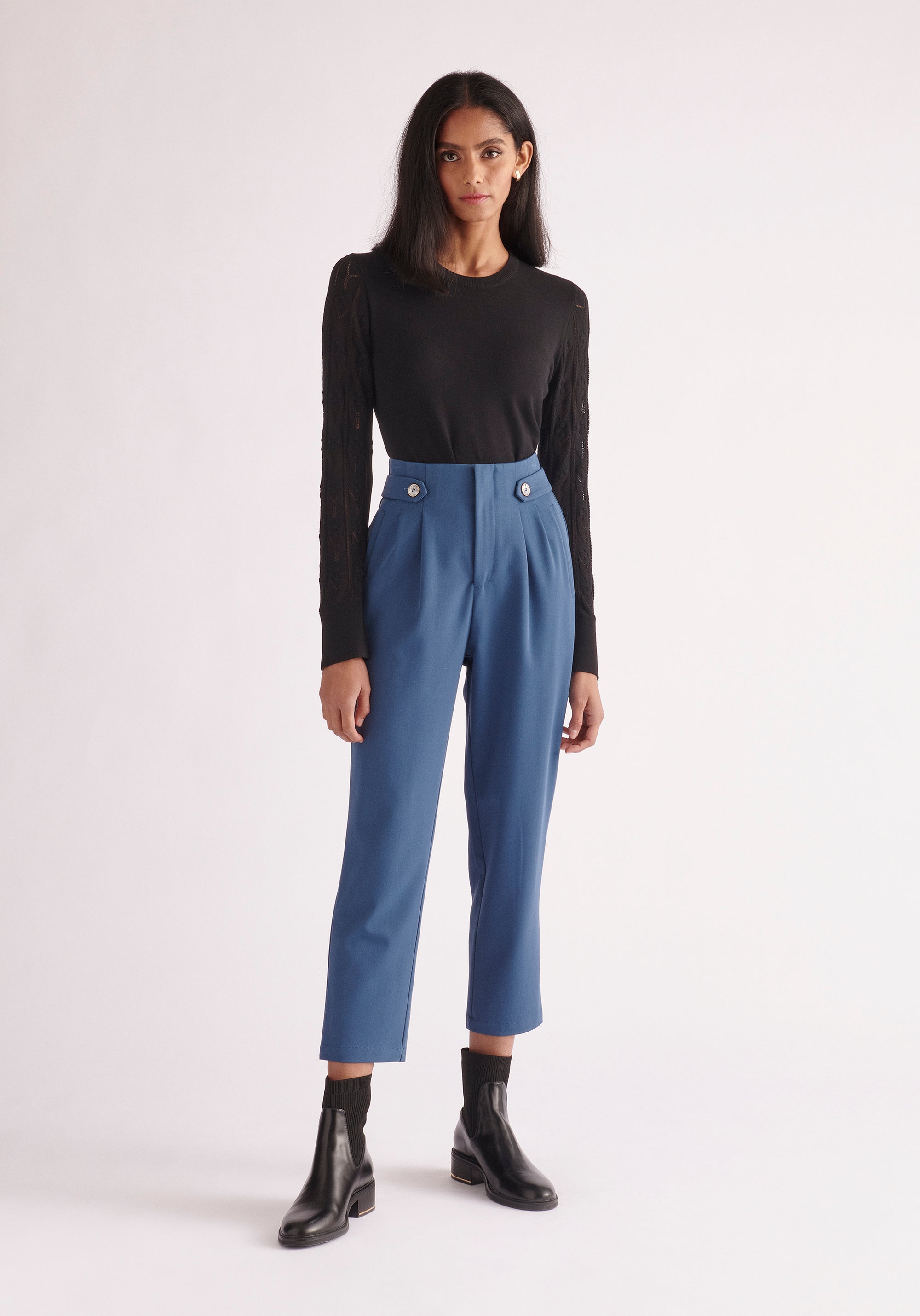 Paisie Pointelle Sleeve Knitted Top in Black