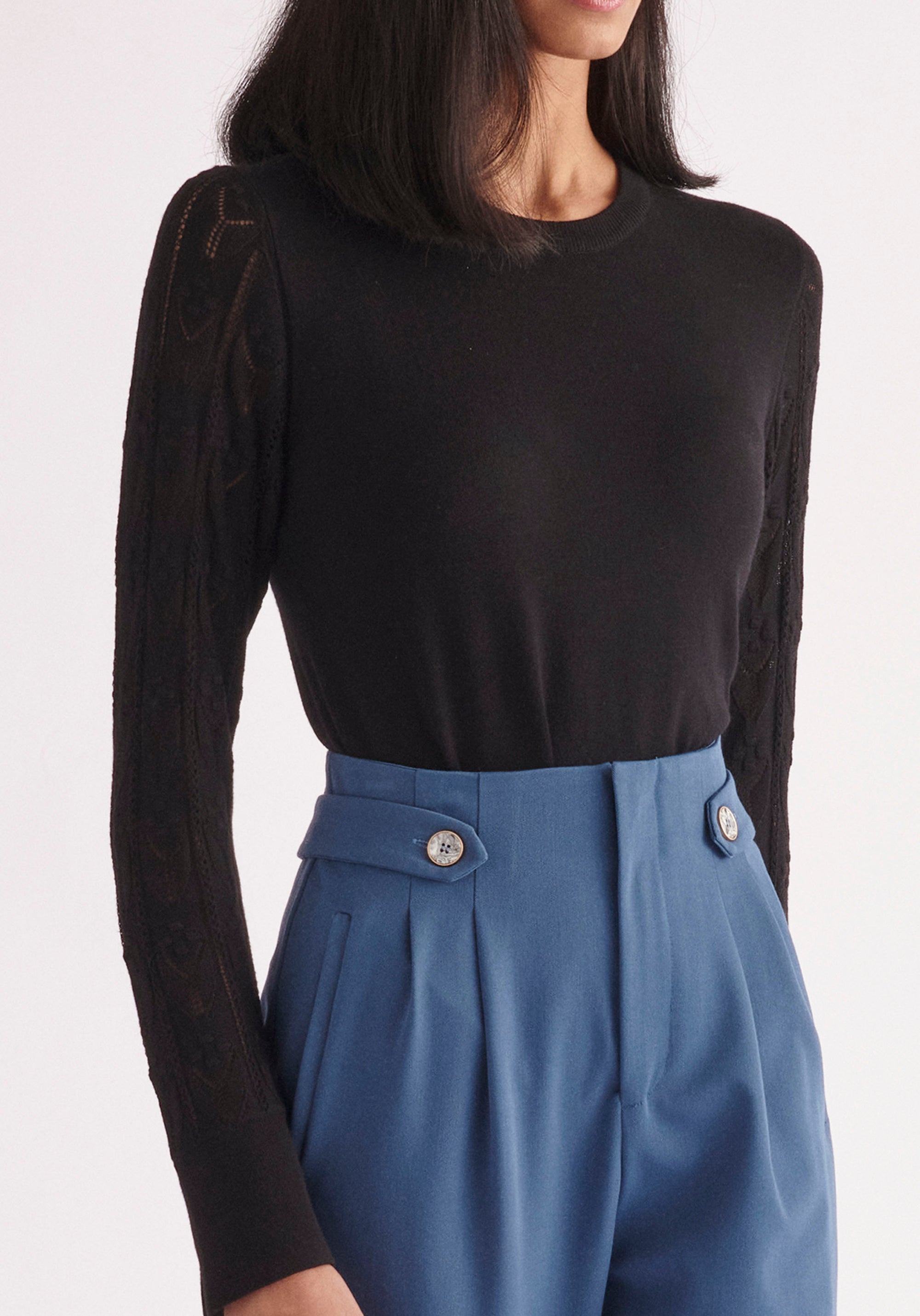 Paisie Pointelle Sleeve Knitted Top in Black Close Up
