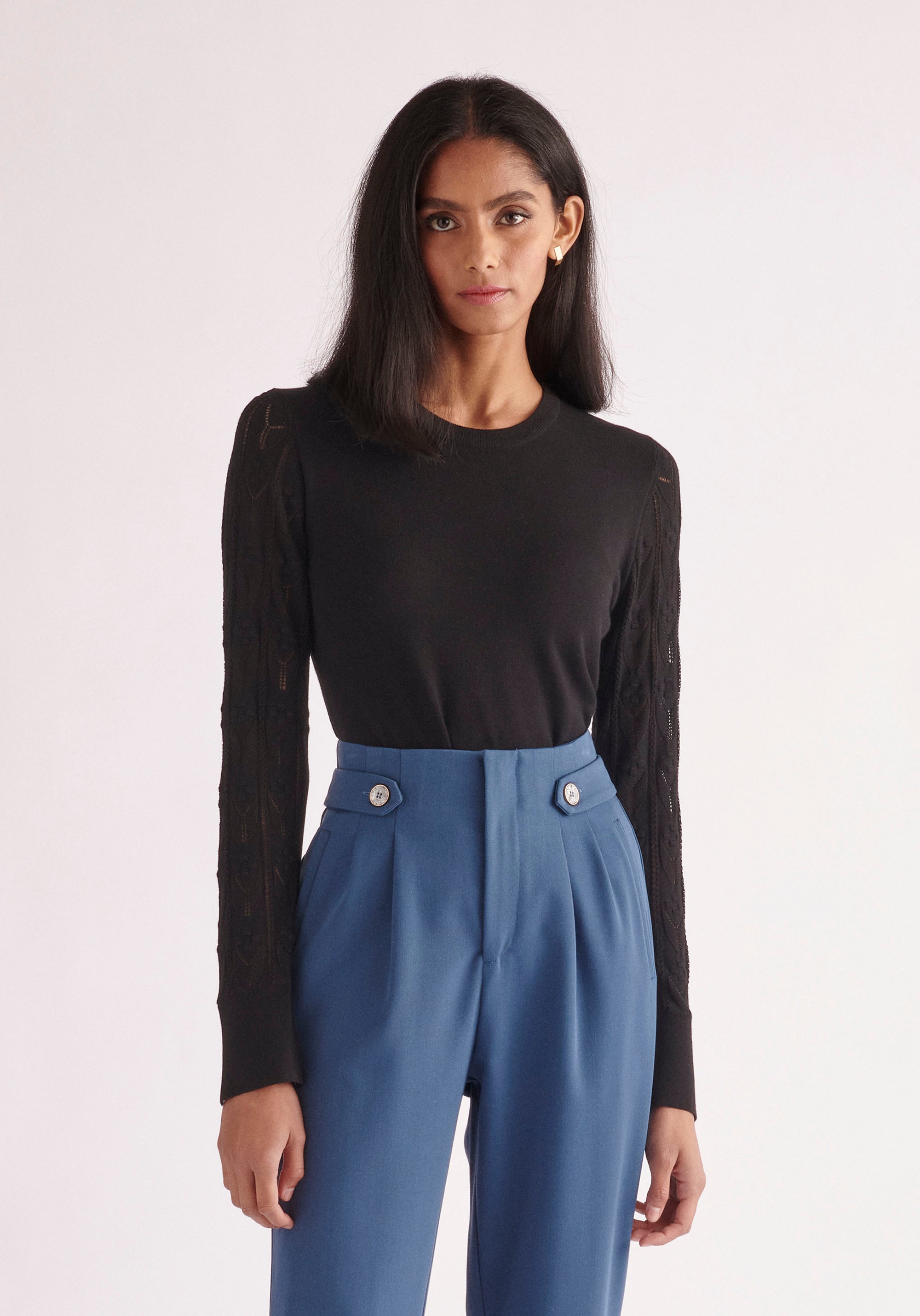 Paisie Pointelle Sleeve Knitted Top in Black
