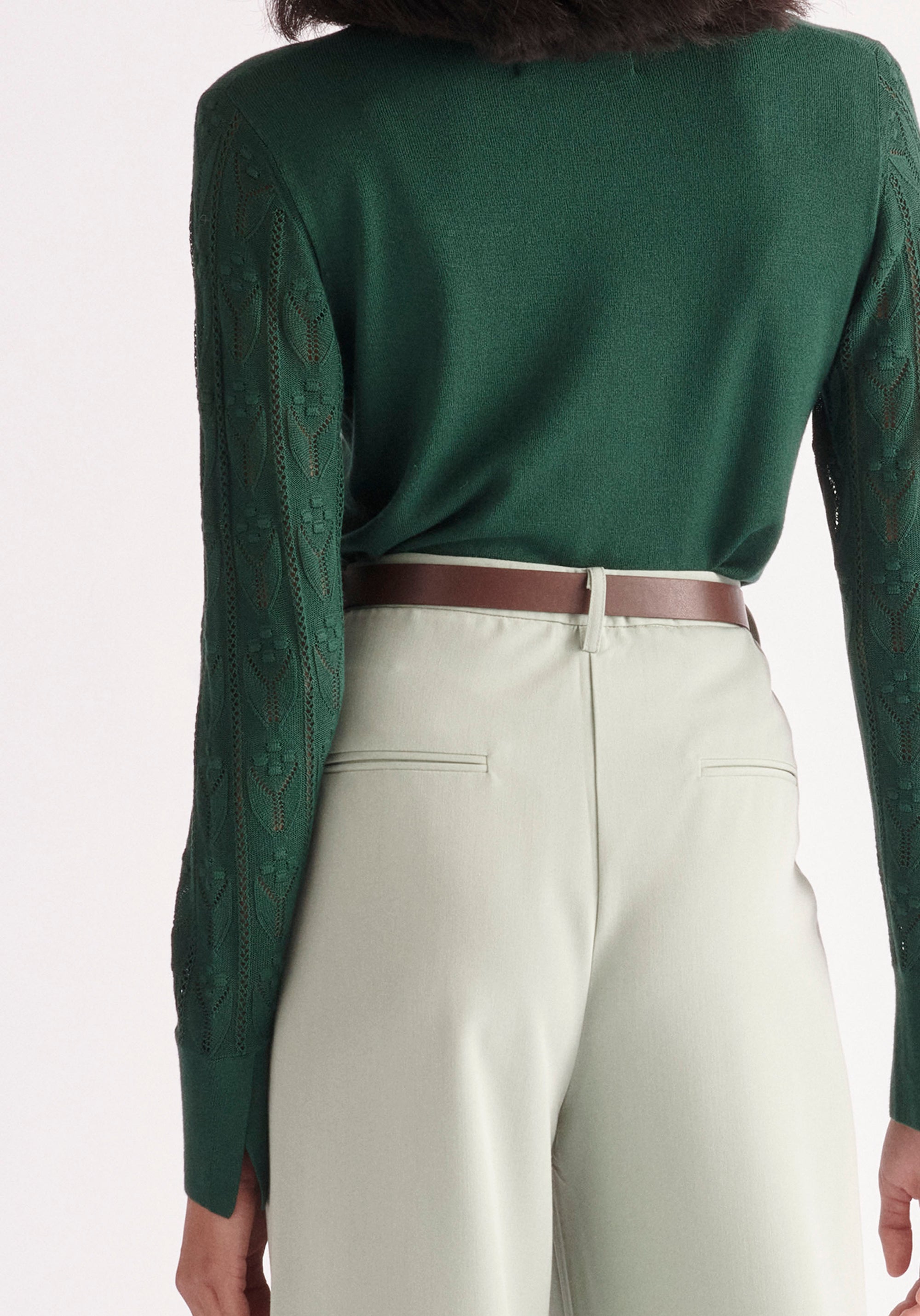 Paisie Pointelle Sleeve Knitted Top in Dark Green Close Up
