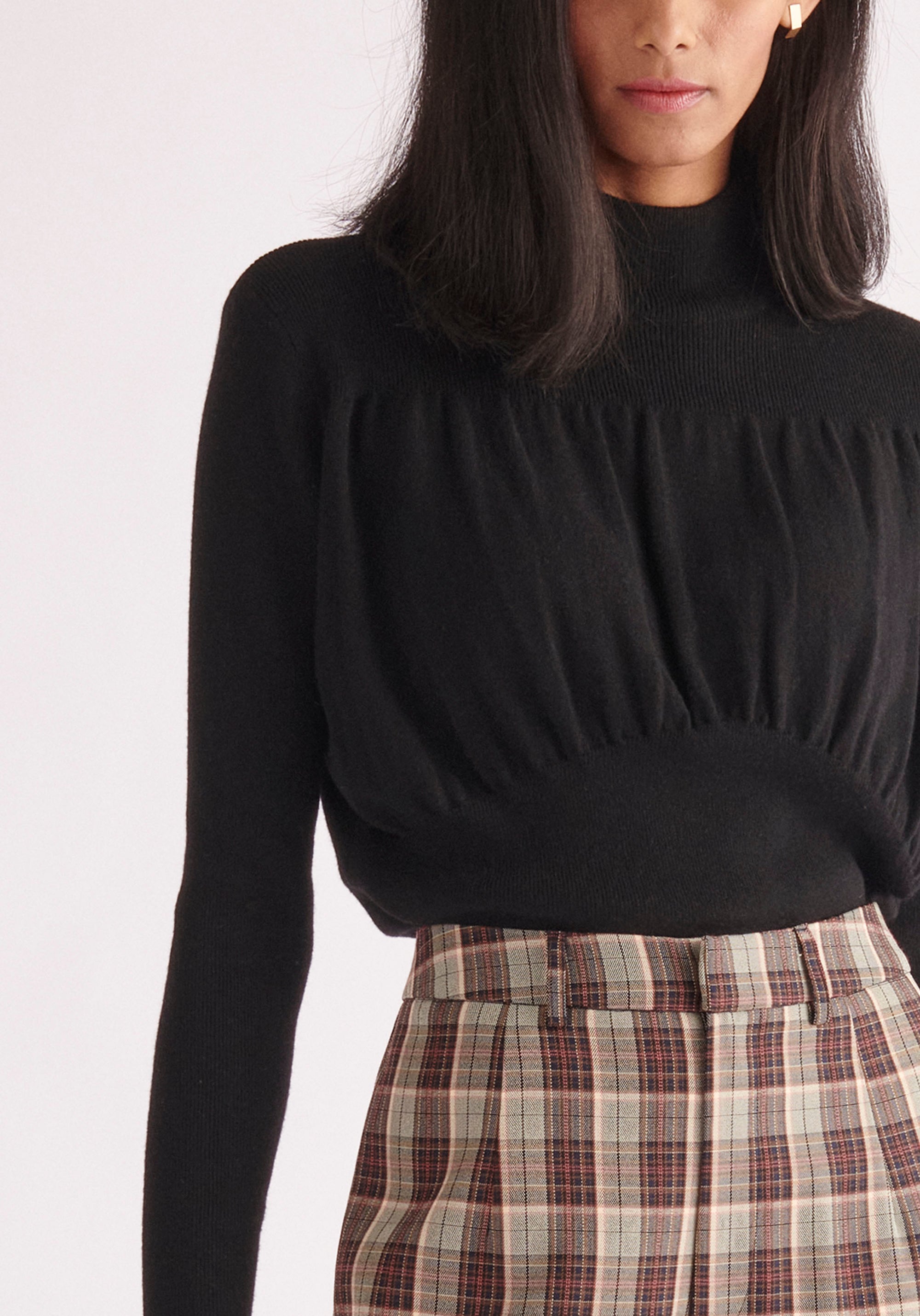 Paisie Ruched High Neck Knitted Top in Black Close Up