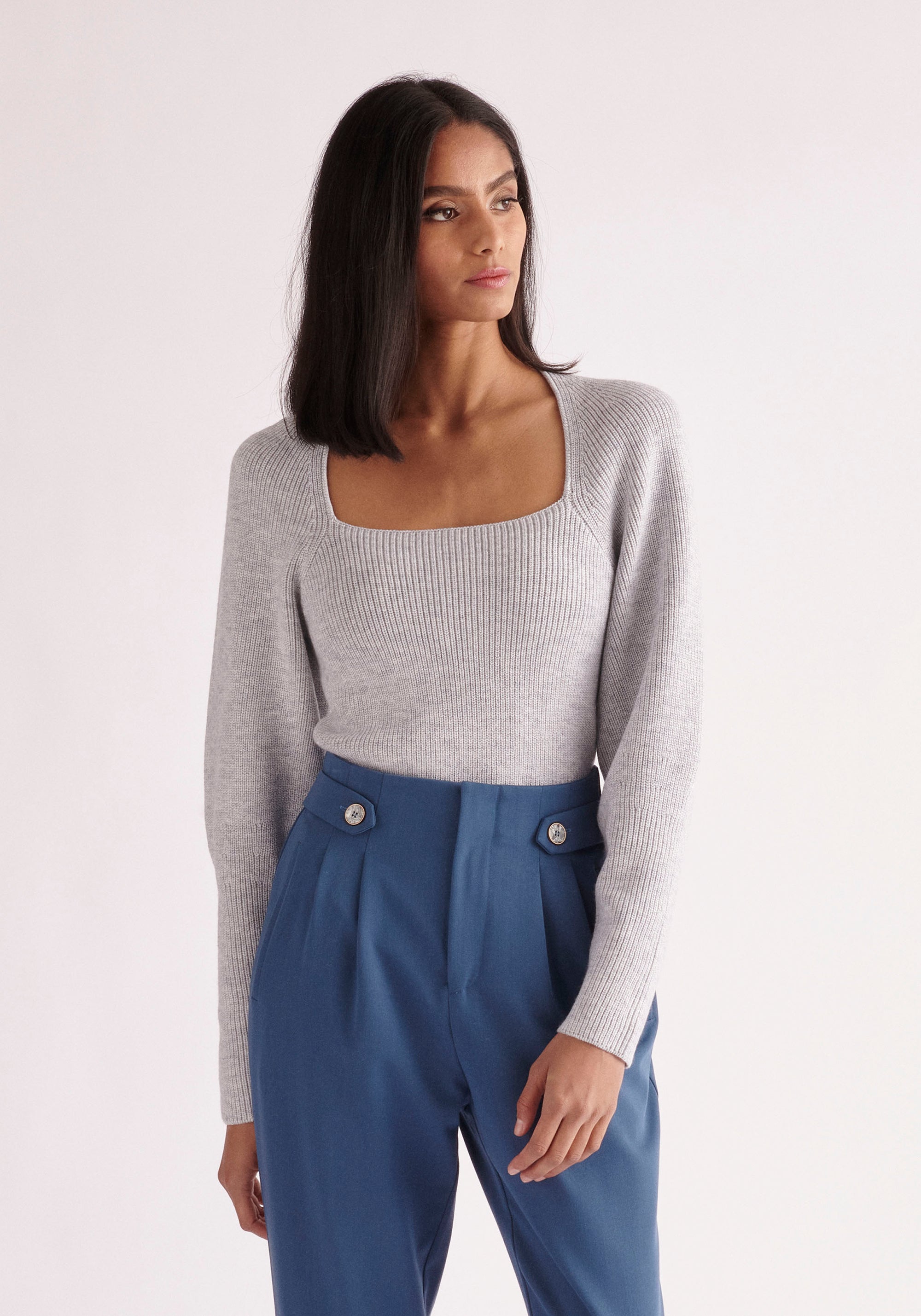 Paisie Square Neck Jumper in Light Grey