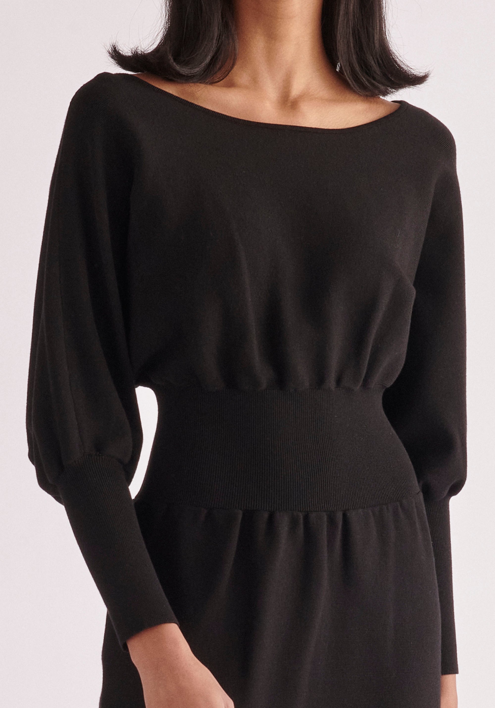 Paisie Balloon Sleeve Knitted Dress in Black Close Up