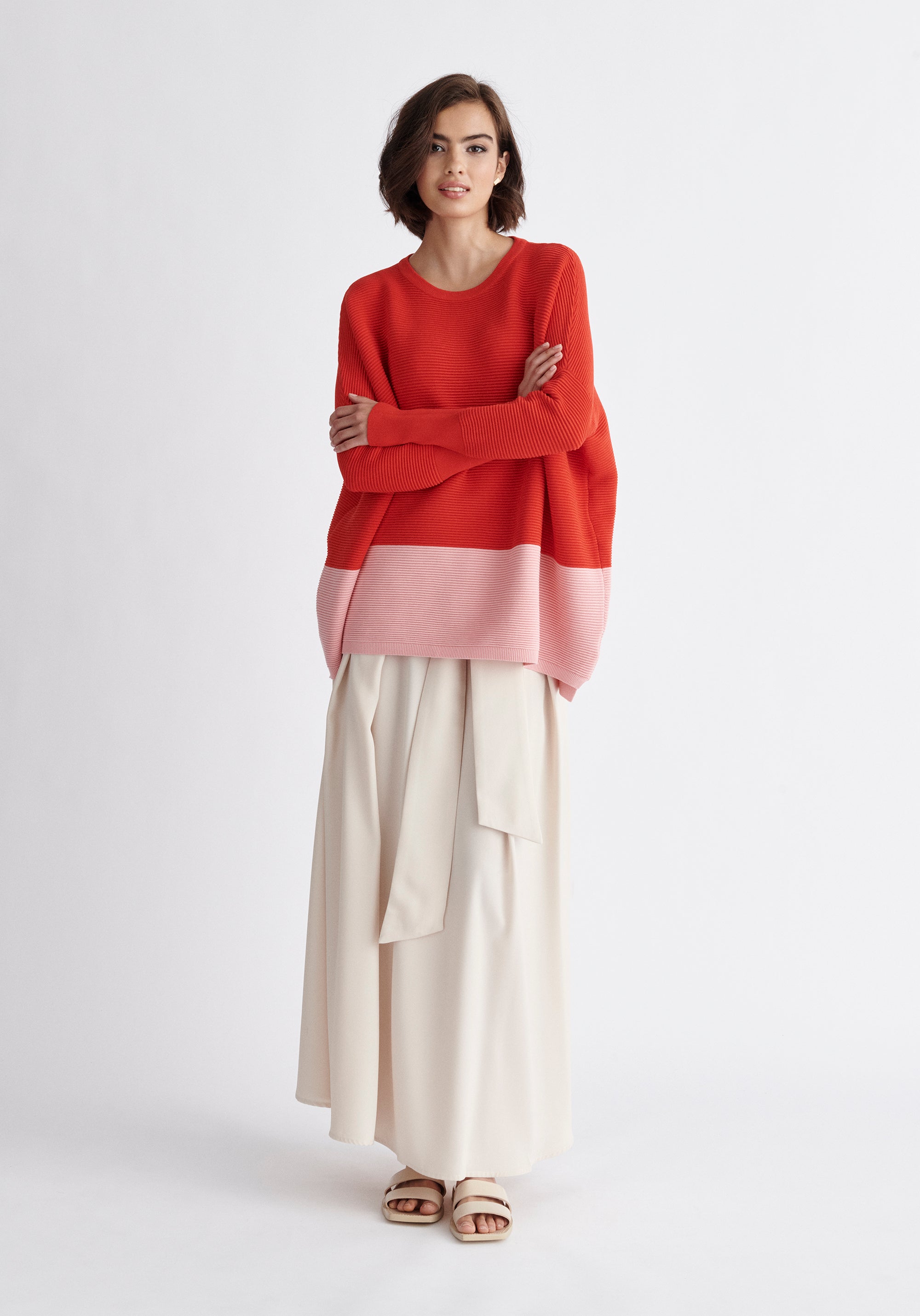 Paisie Ribbed Oversized Knit Jumper in Red and Pink