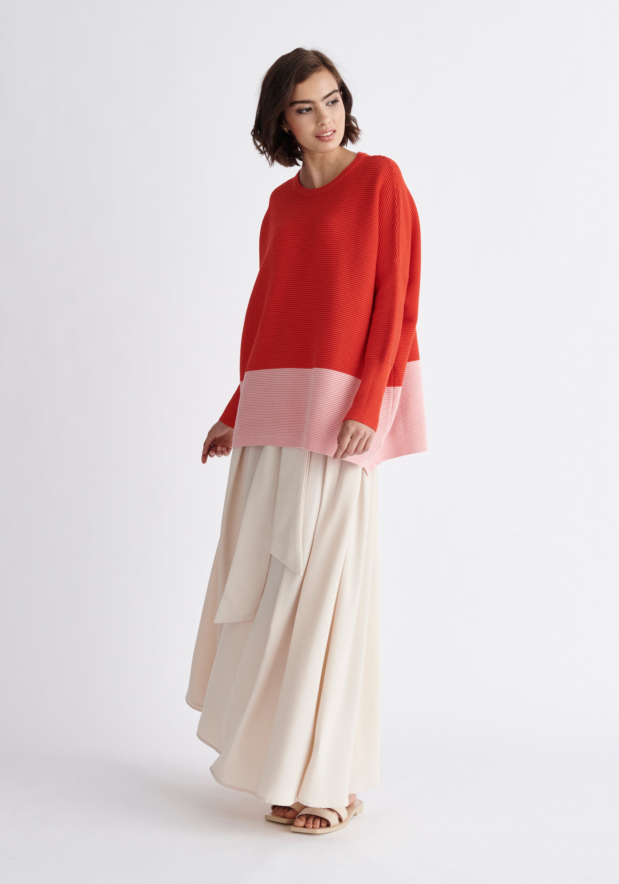 Paisie Ribbed Oversized Knit Jumper in Red and Pink