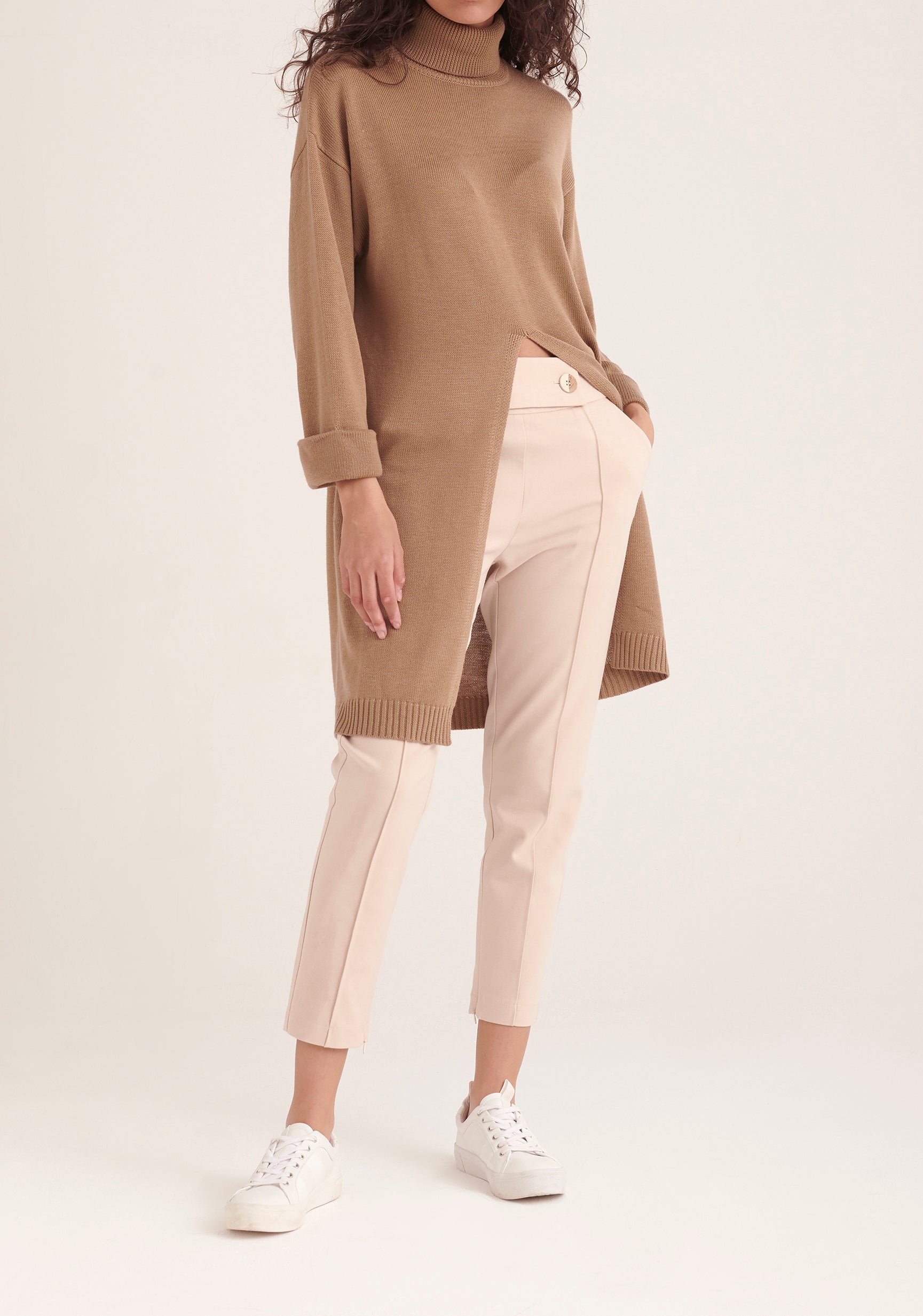 Paisie Knitted Split Jumper Dress Tunic in Tan