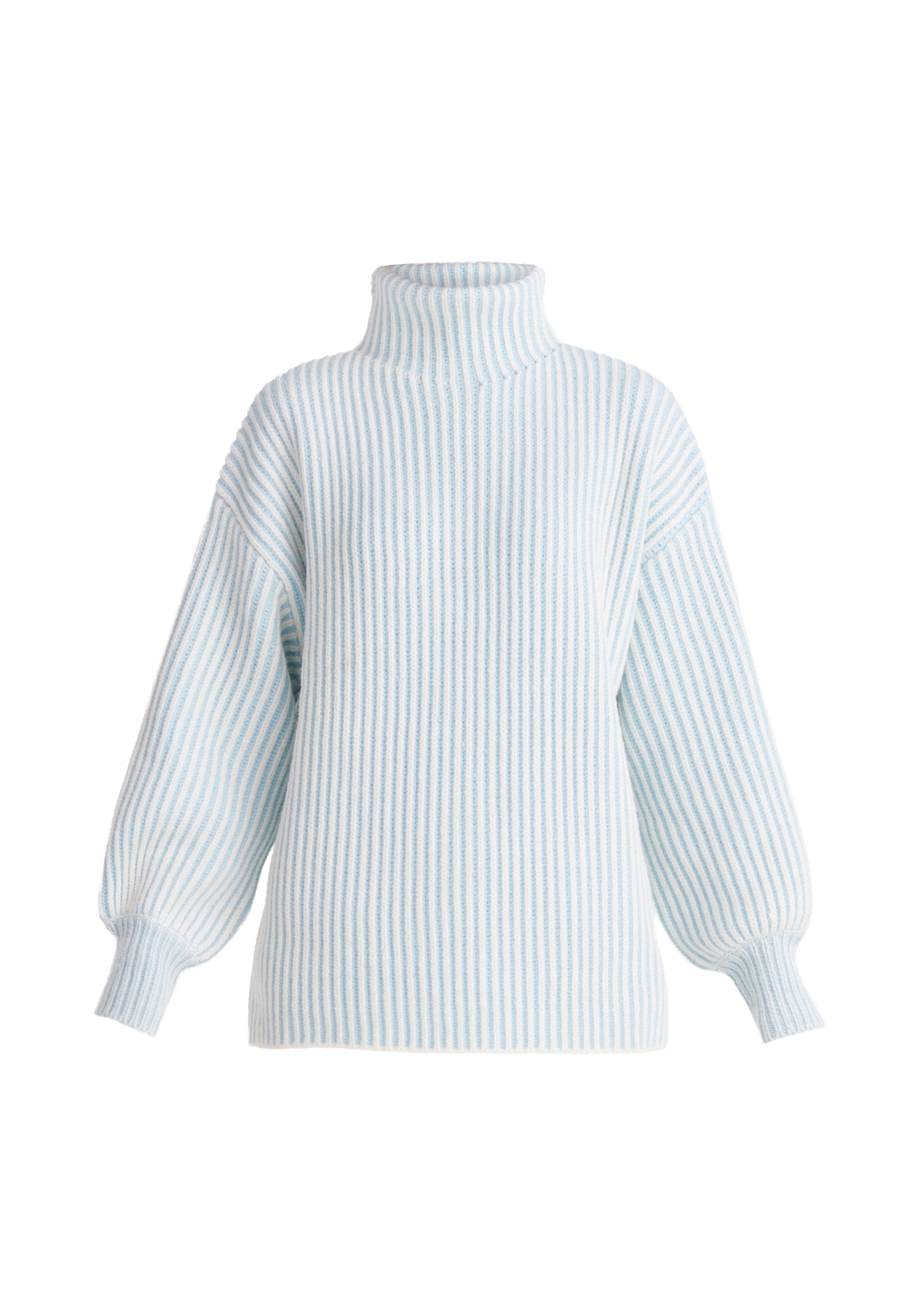 Paisie Striped Turtleneck Knit Jumper in White and Light Blue Cut Out