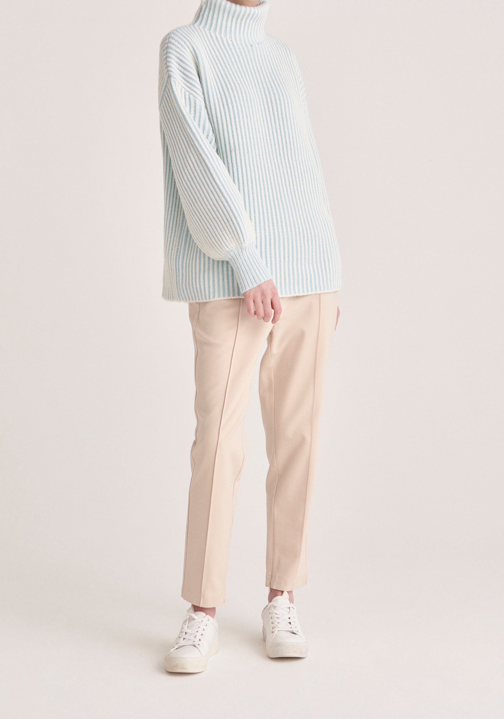 Paisie Striped Turtleneck Knit Jumper in White and Light Blue