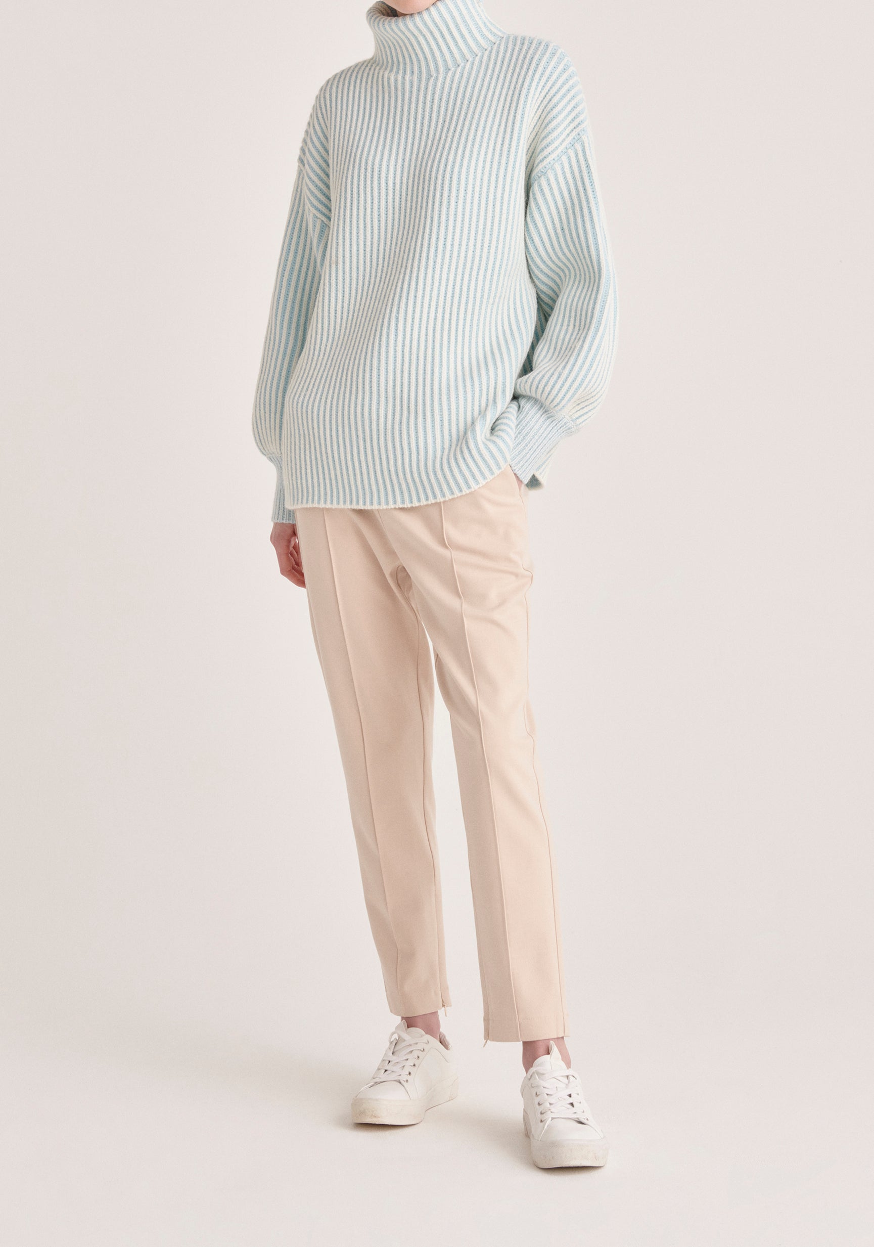 Paisie Striped Turtleneck Knit Jumper in White and Light Blue