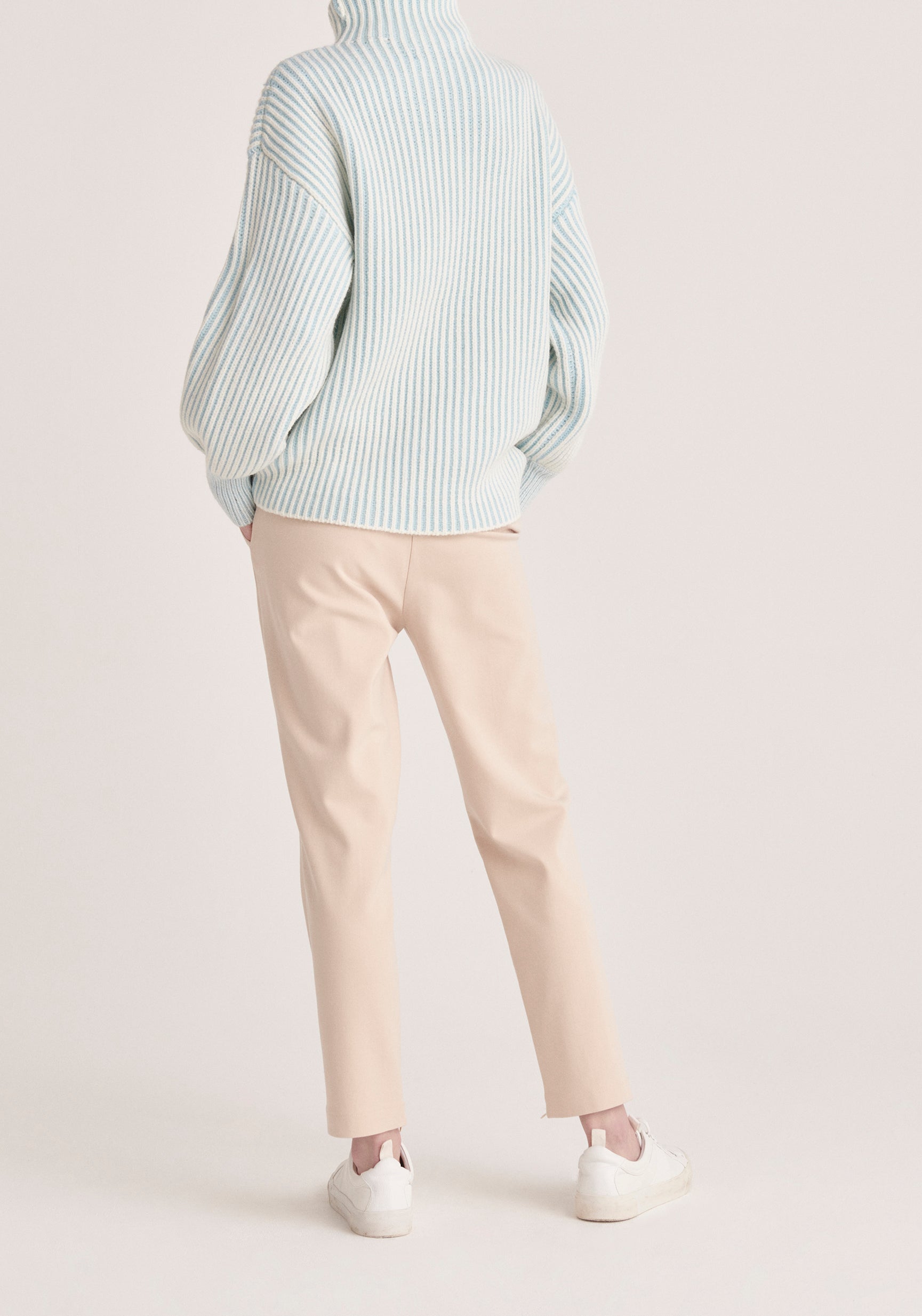 Paisie Striped Turtleneck Knit Jumper in White and Light Blue Back