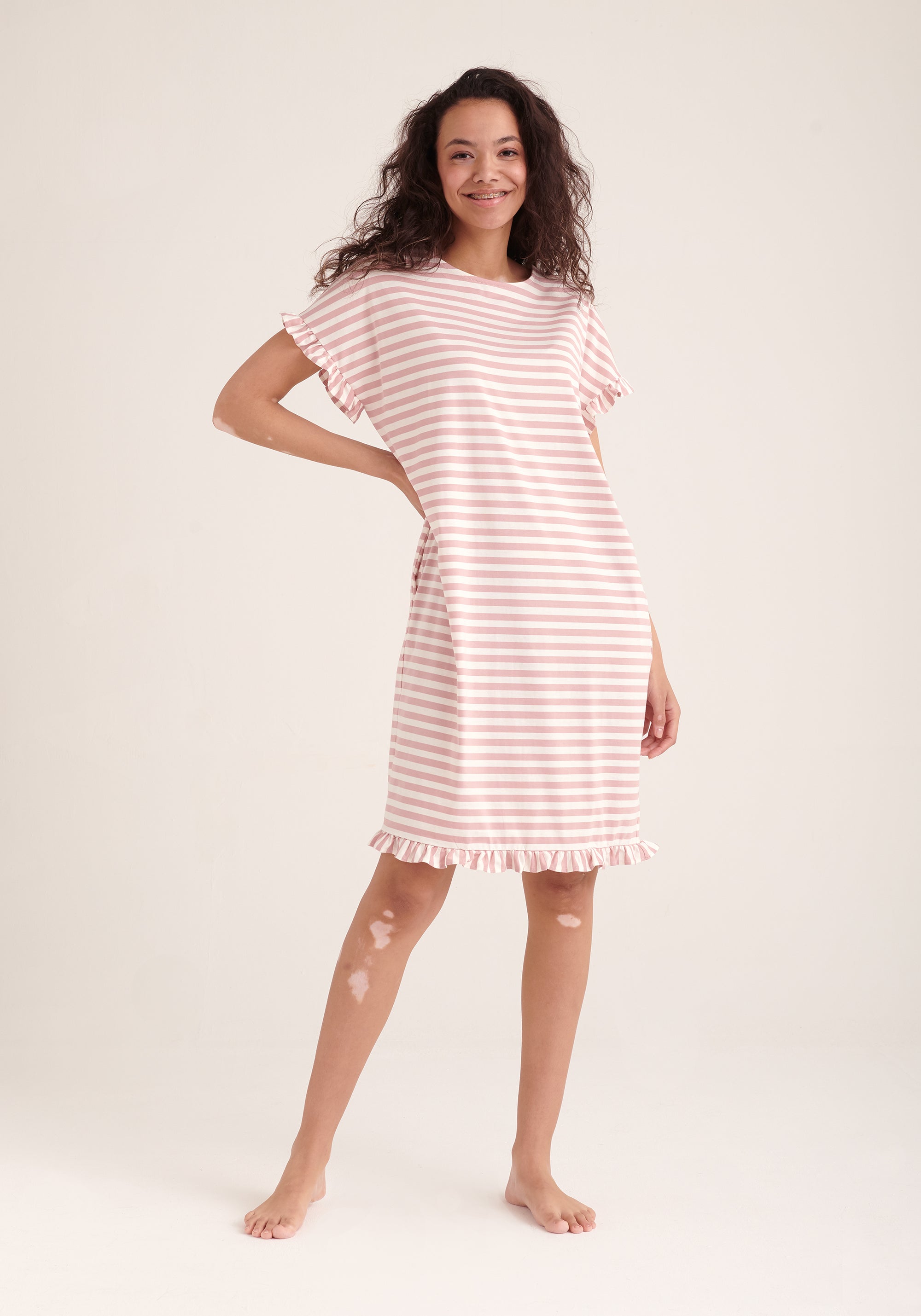 Paisie Striped Cotton Pyjama Dress in Pink and White