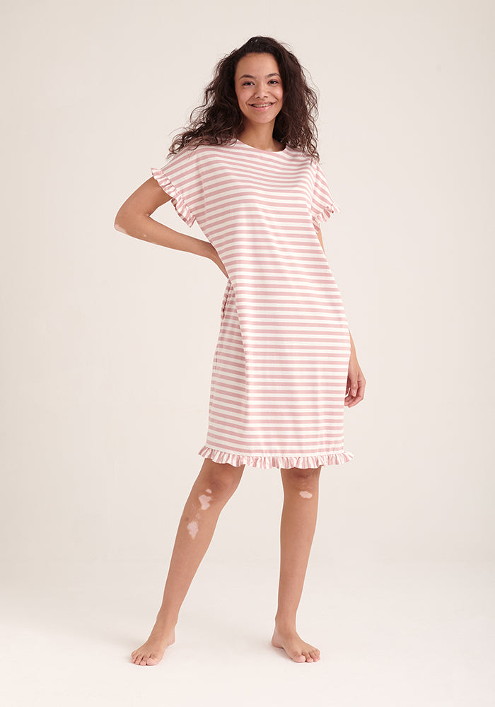 Paisie Striped Cotton Pyjama Dress in Pink and White