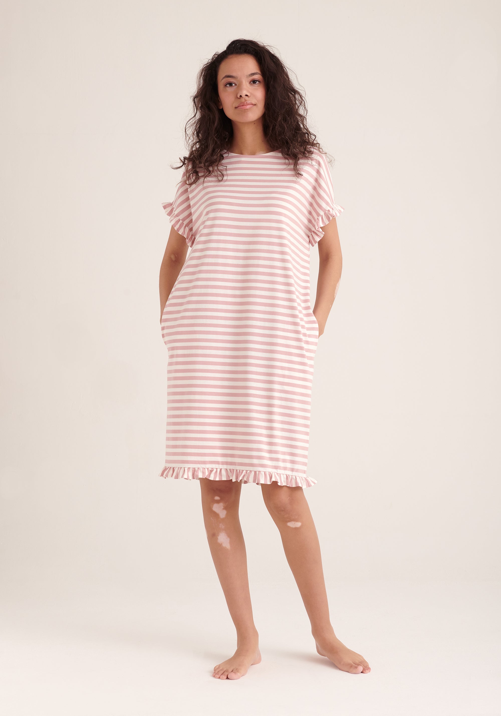 Paisie Striped Cotton Pyjama Dress in Pink and White