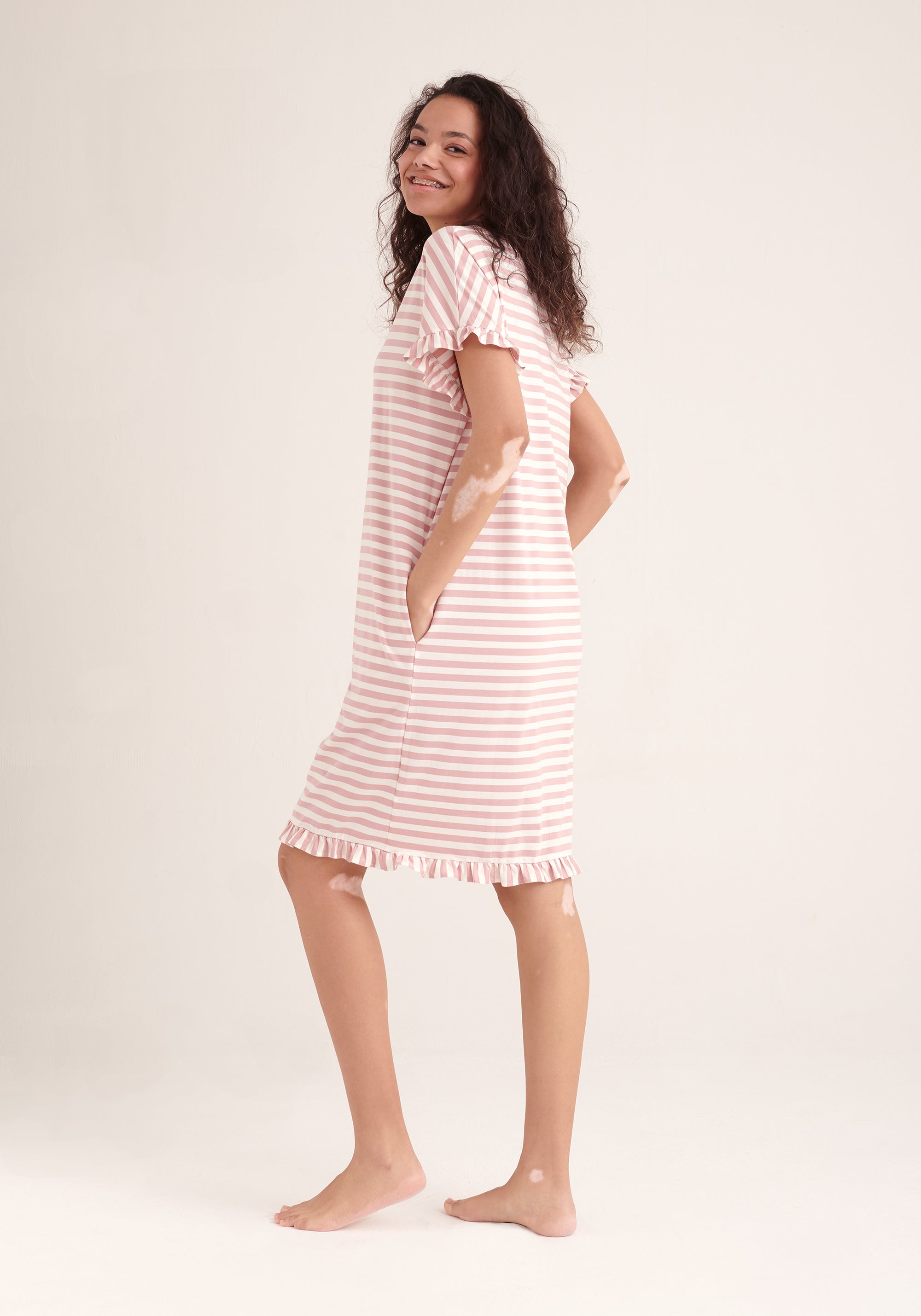 Paisie Striped Cotton Pyjama Dress in Pink and White Back
