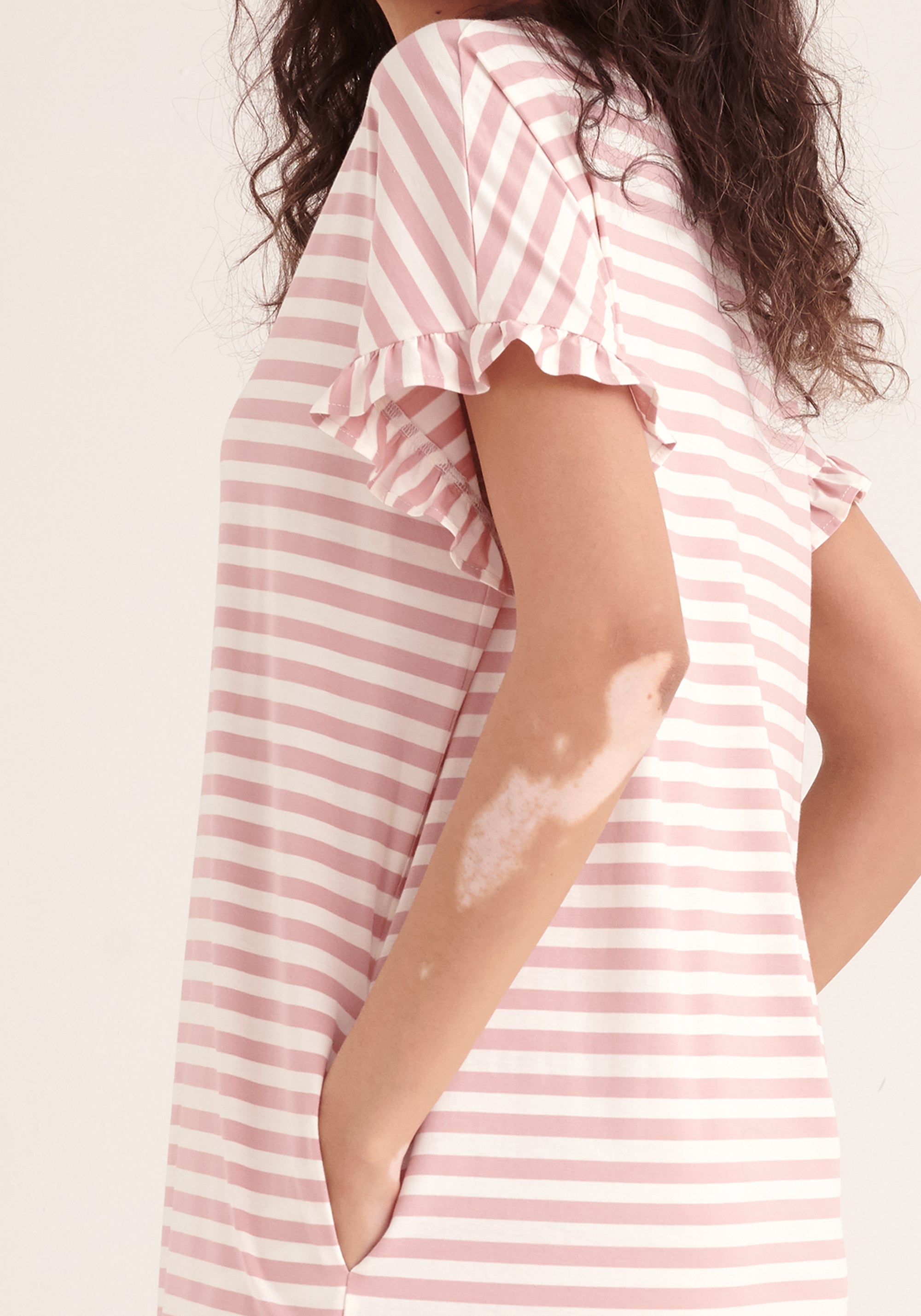 Paisie Striped Cotton Pyjama Dress in Pink and White Close Up
