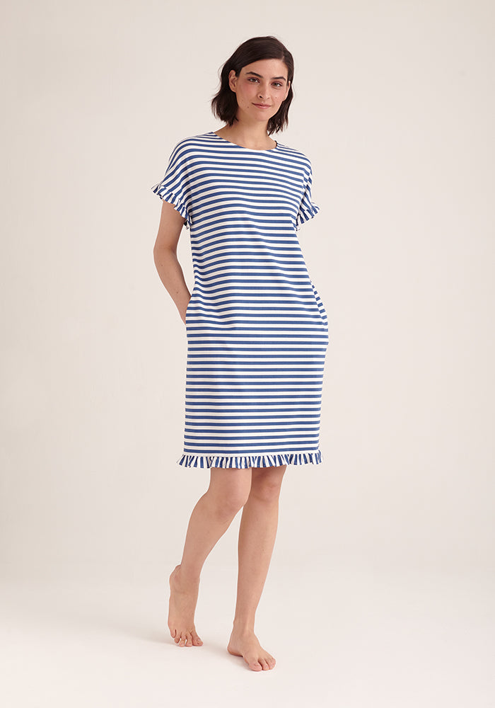 Paisie Striped Cotton Pyjama Dress in Blue and White