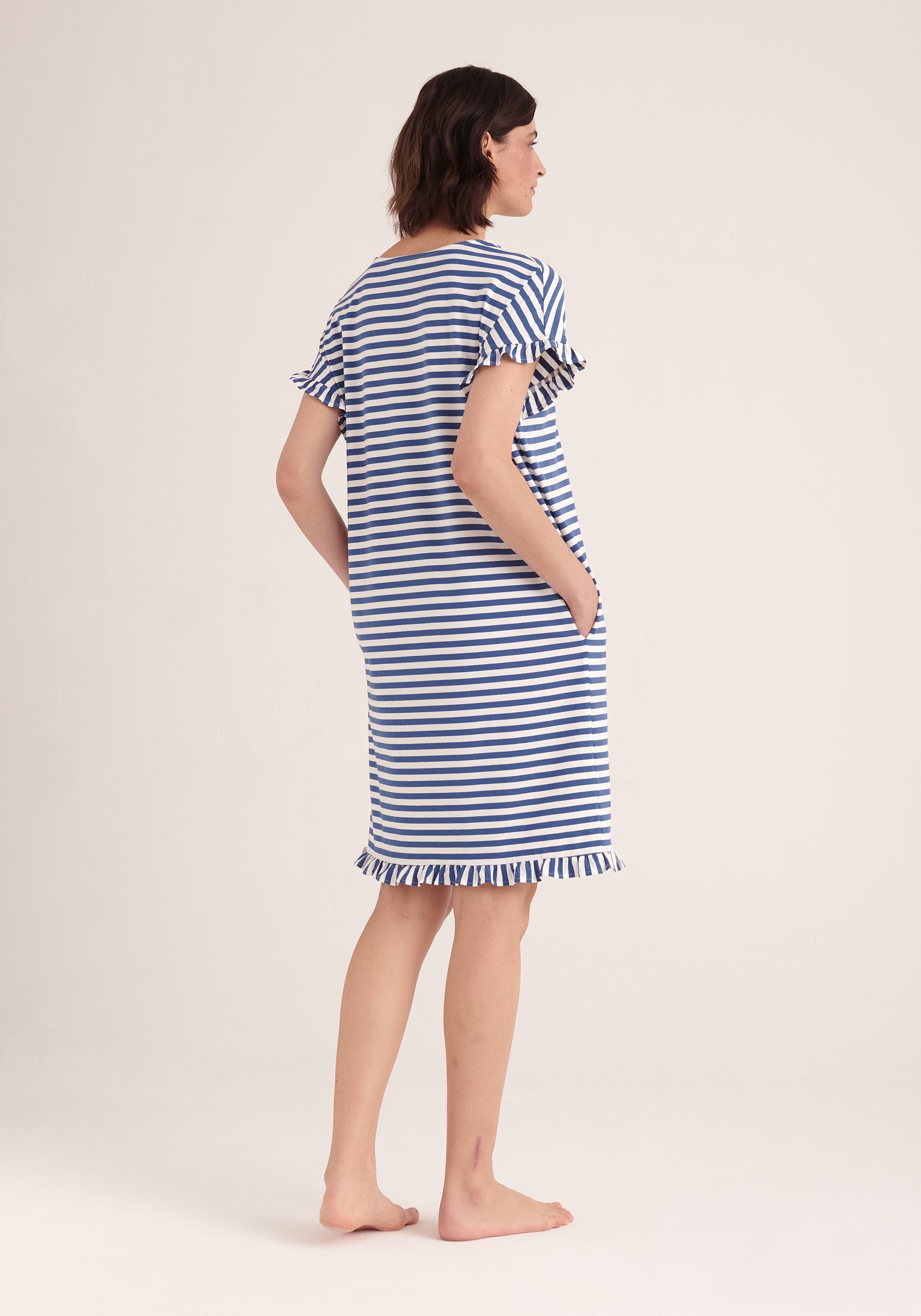 Paisie Striped Cotton Pyjama Dress in Blue and White Back