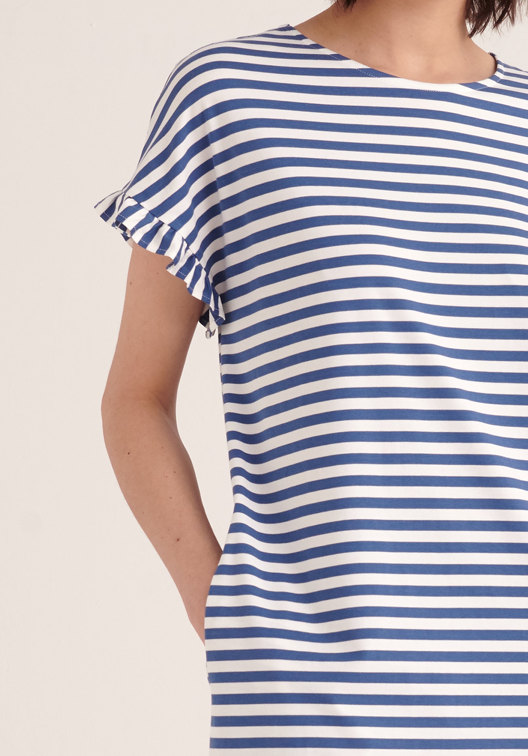 Paisie Striped Cotton Pyjama Dress in Blue and White Close Up