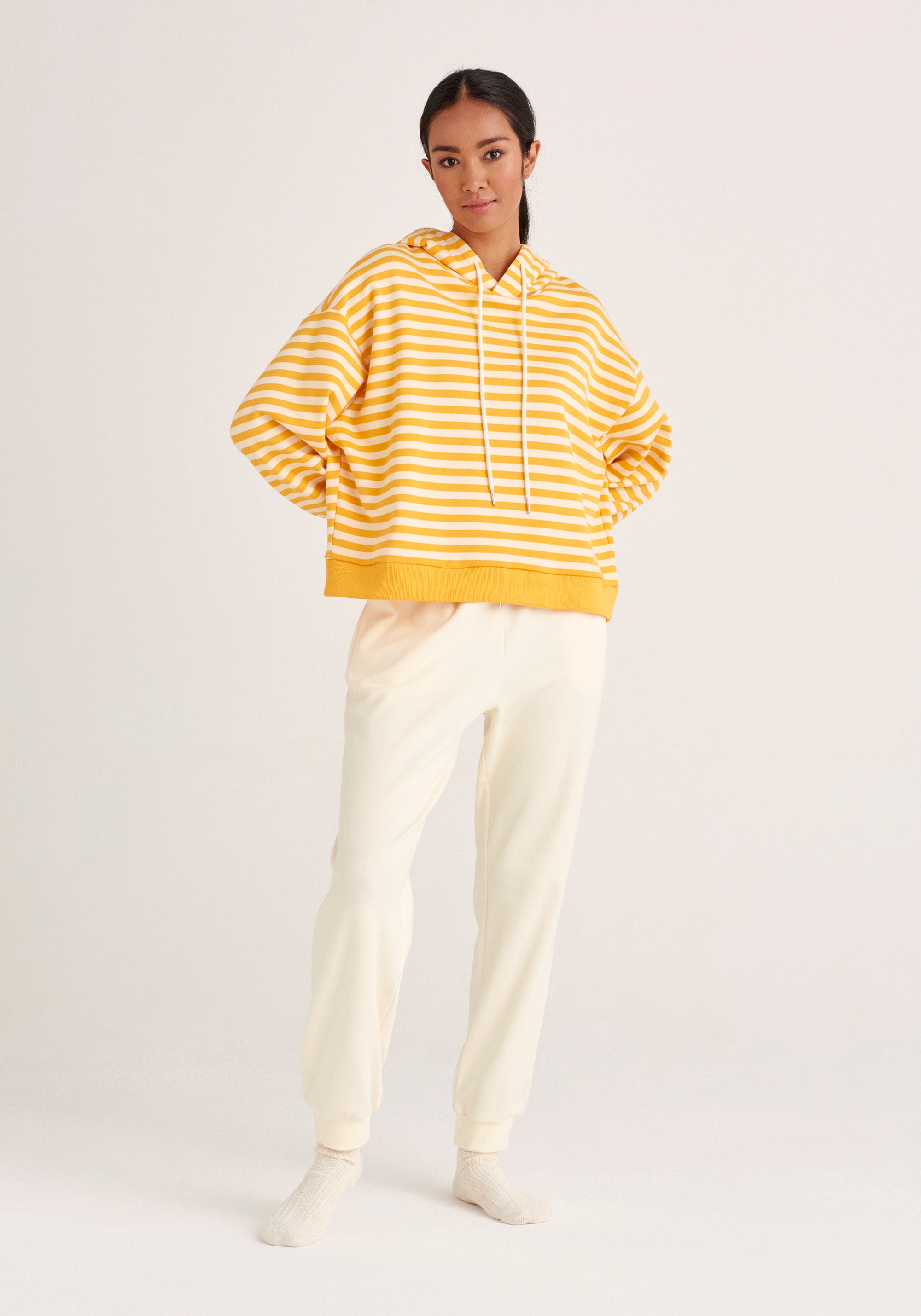 Paisie Striped Cotton Hoodie with Drawstrings in Yellow and Cream