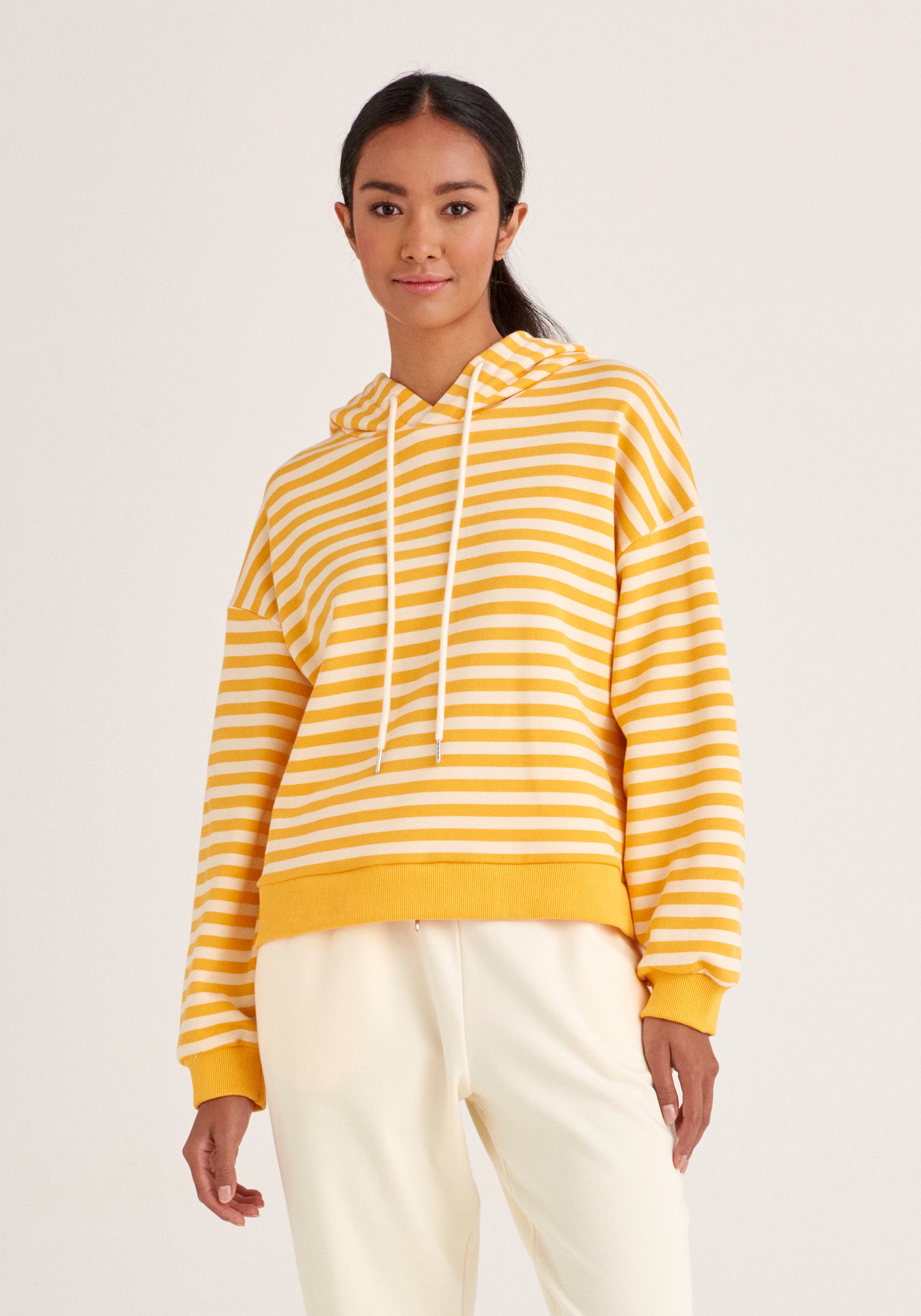 Paisie Striped Cotton Hoodie with Drawstrings in Yellow and Cream