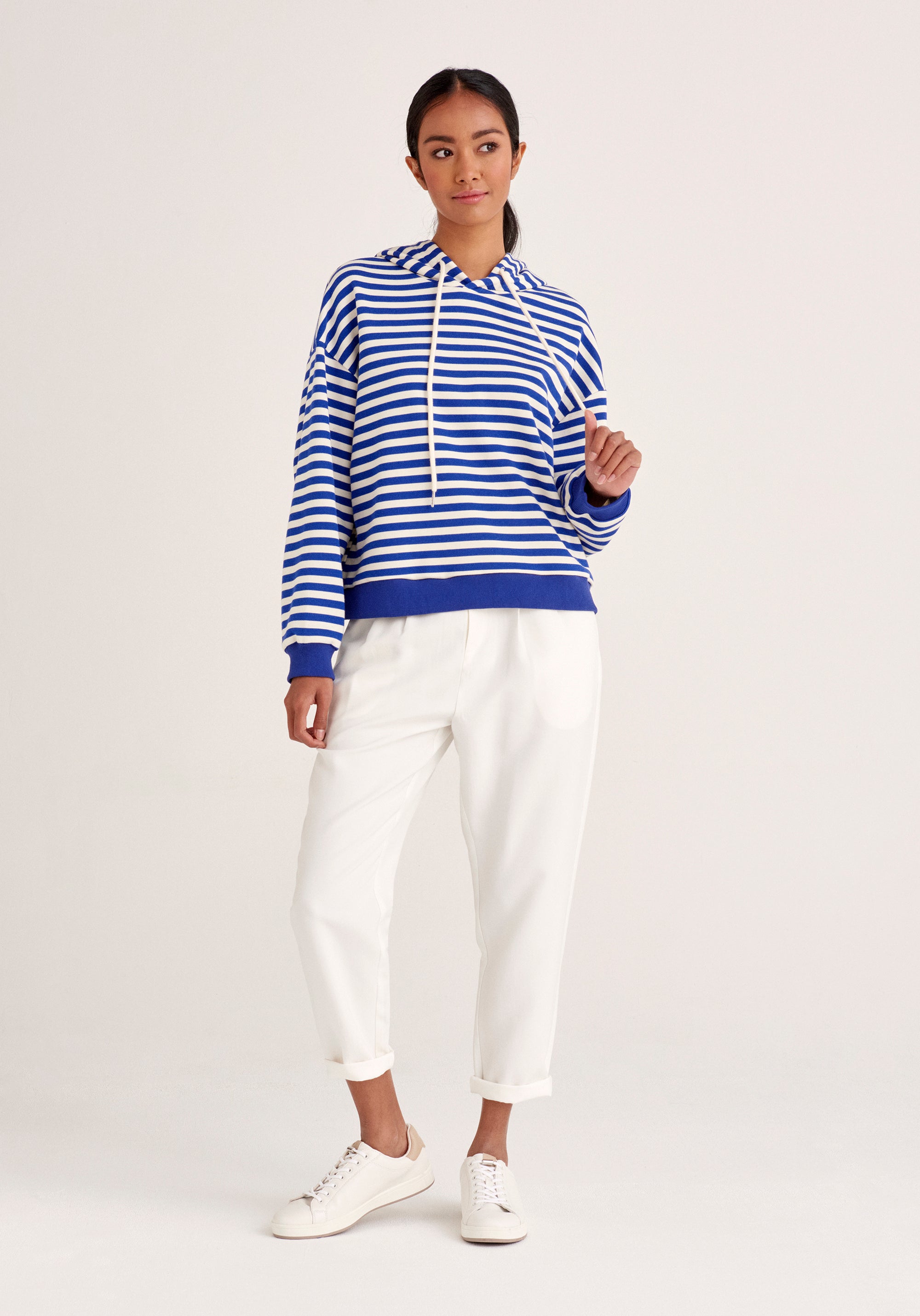 Paisie Striped Cotton Hoodie with Drawstrings in Blue and Cream