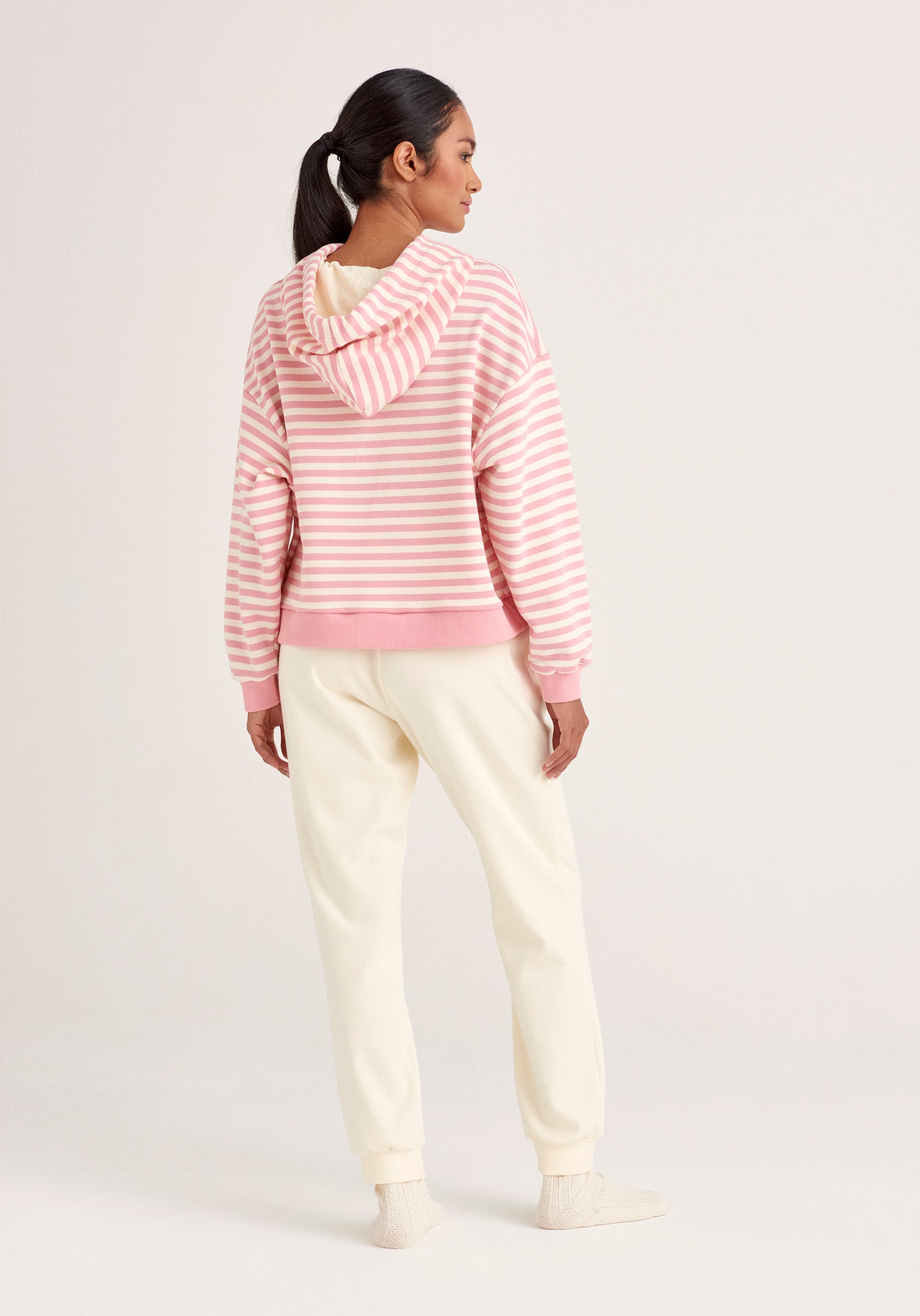 Paisie Striped Cotton Hoodie with Drawstrings in Pink and Cream Back