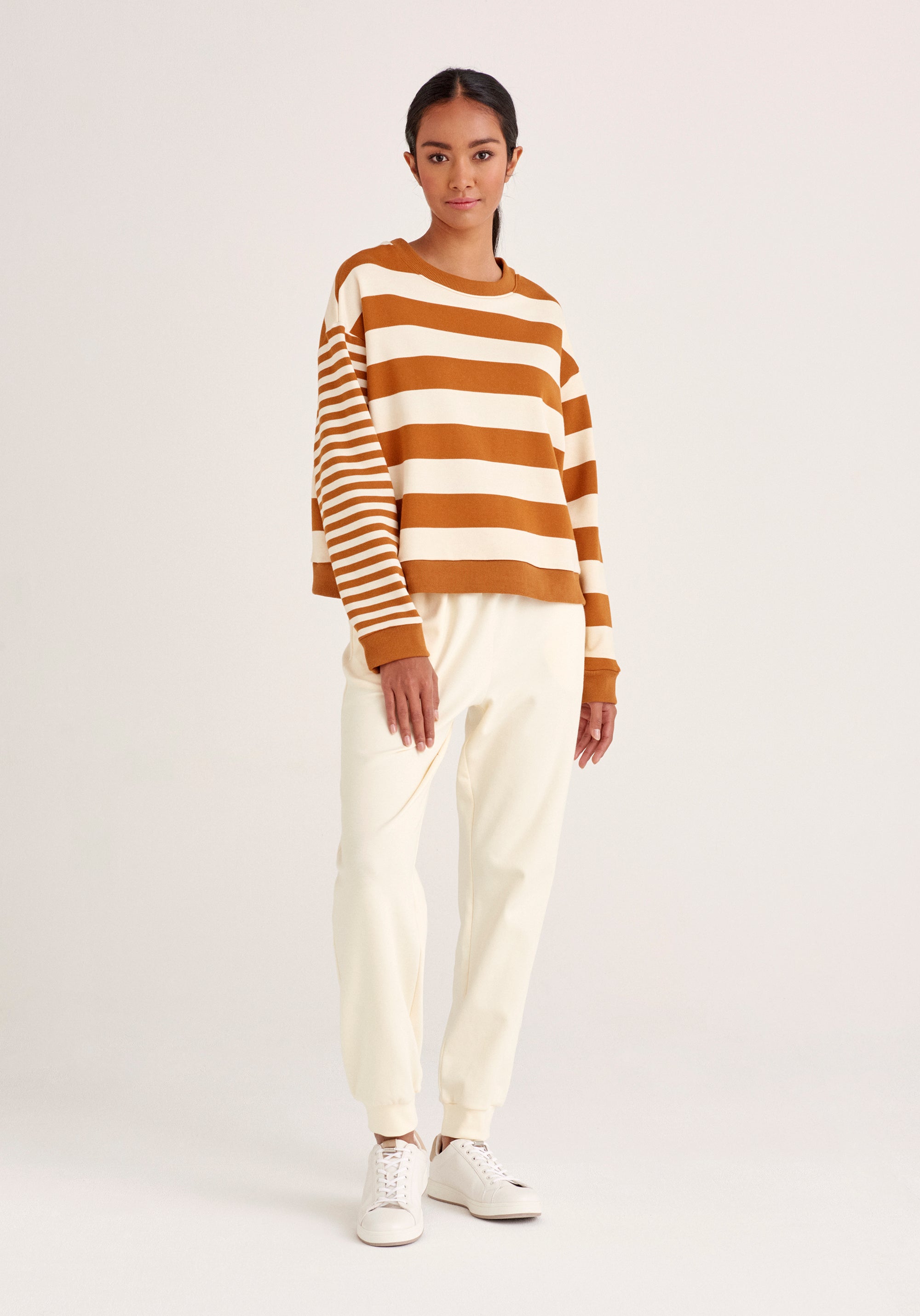 Paisie Contrast Stripe Sweatshirt in Cream and Brown