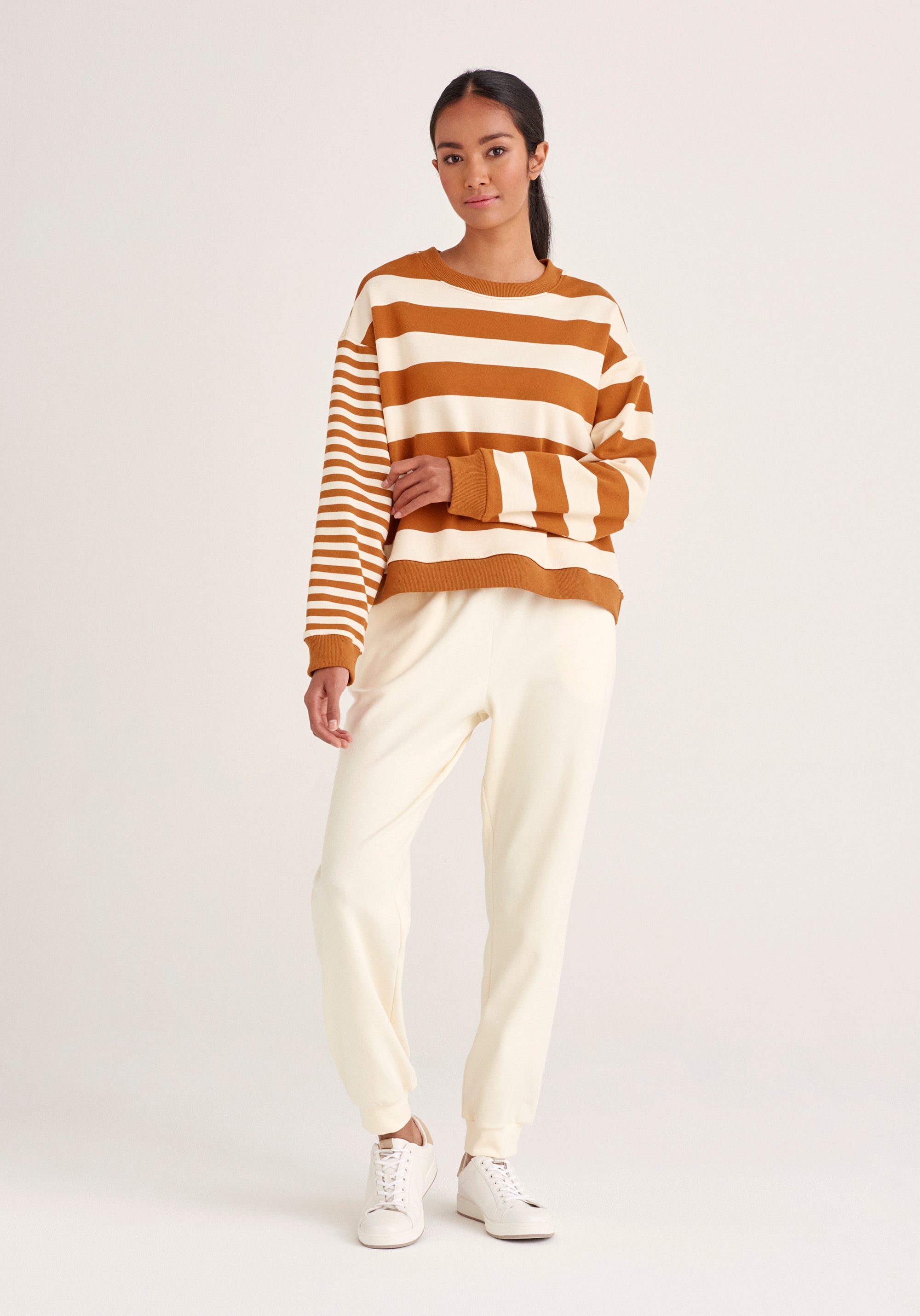 Paisie Contrast Stripe Sweatshirt in Cream and Brown