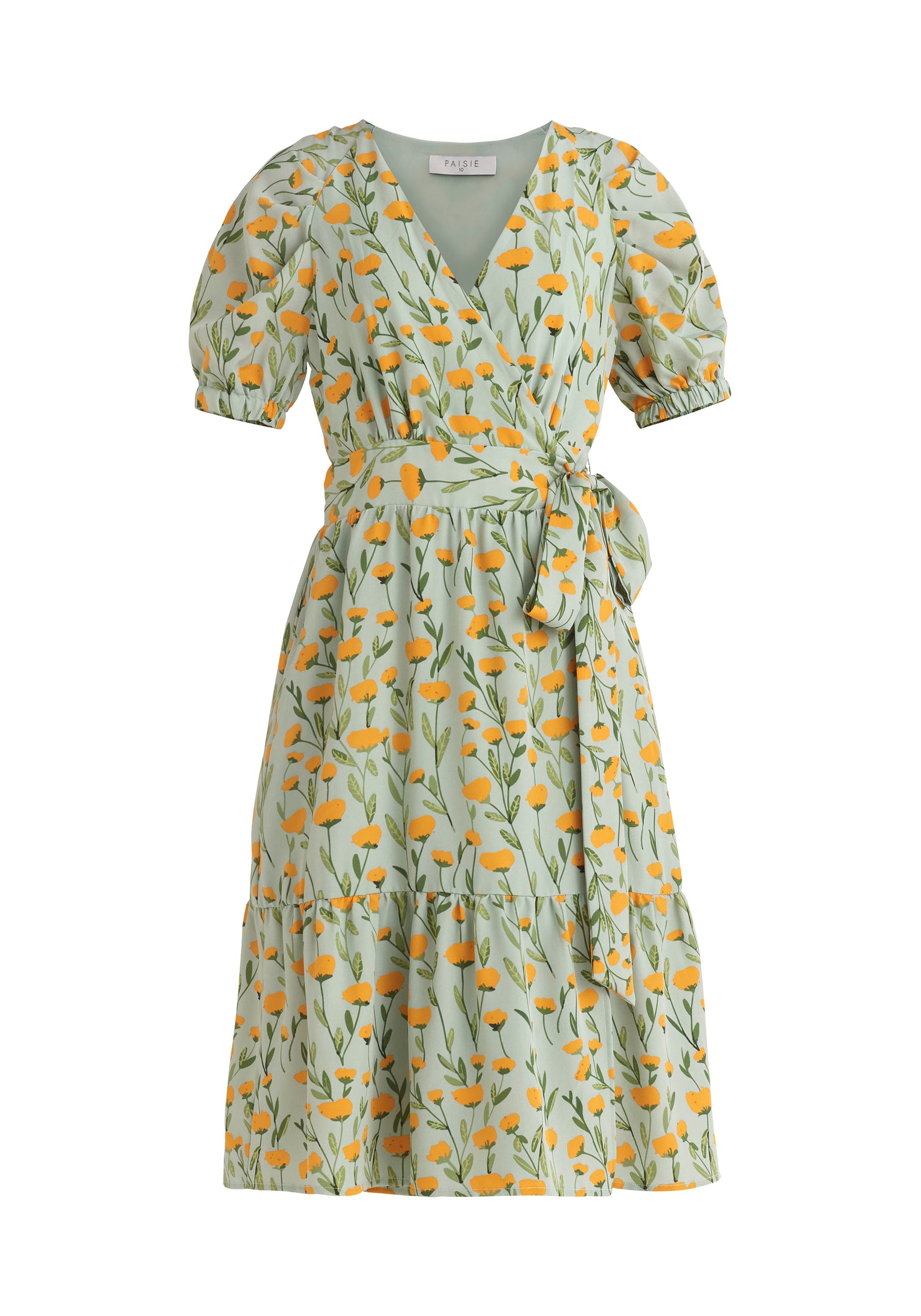 Paisie Floral Midi Wrap Dress with Peplum Hem in Green Cut Out