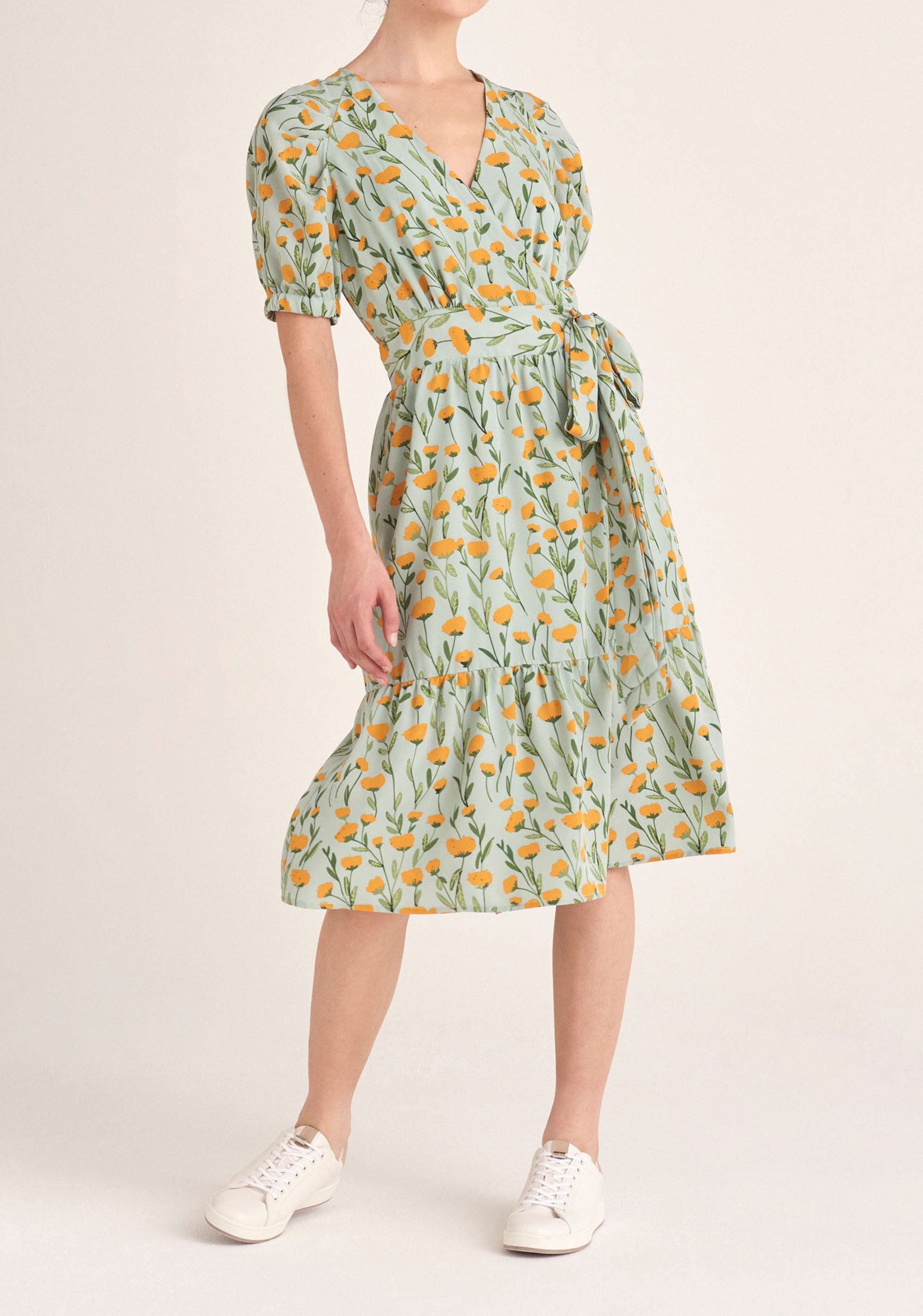 Paisie Floral Midi Wrap Dress with Peplum Hem in Green