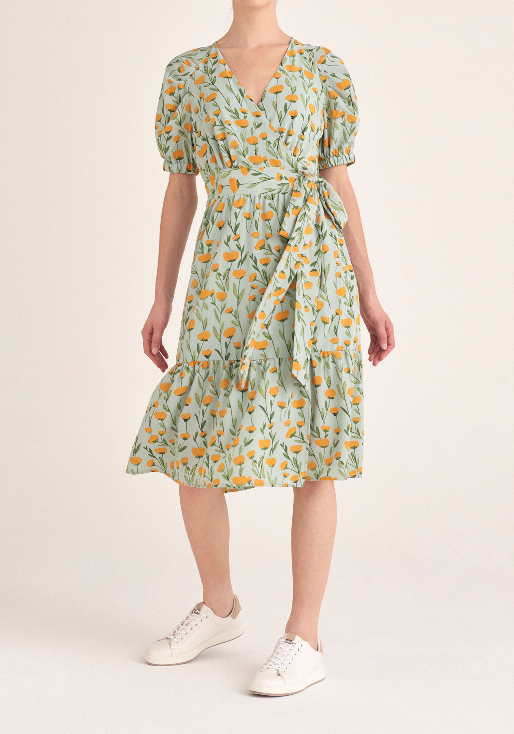 Paisie Floral Midi Wrap Dress with Peplum Hem in Green