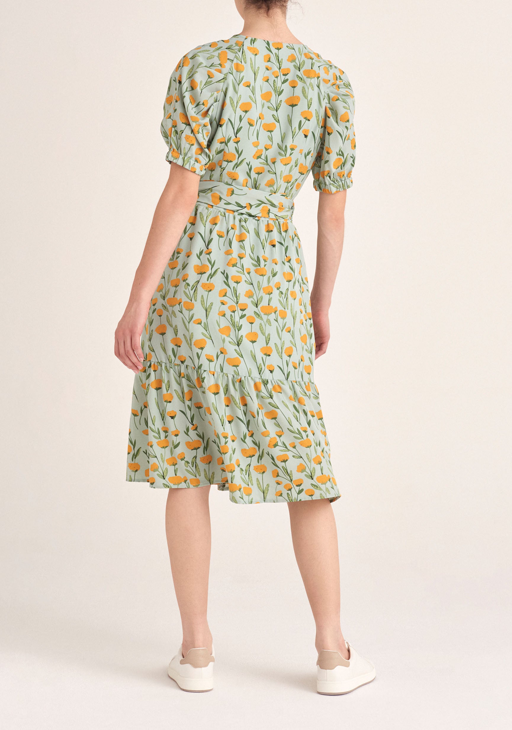 Paisie Floral Midi Wrap Dress with Peplum Hem in Green Back