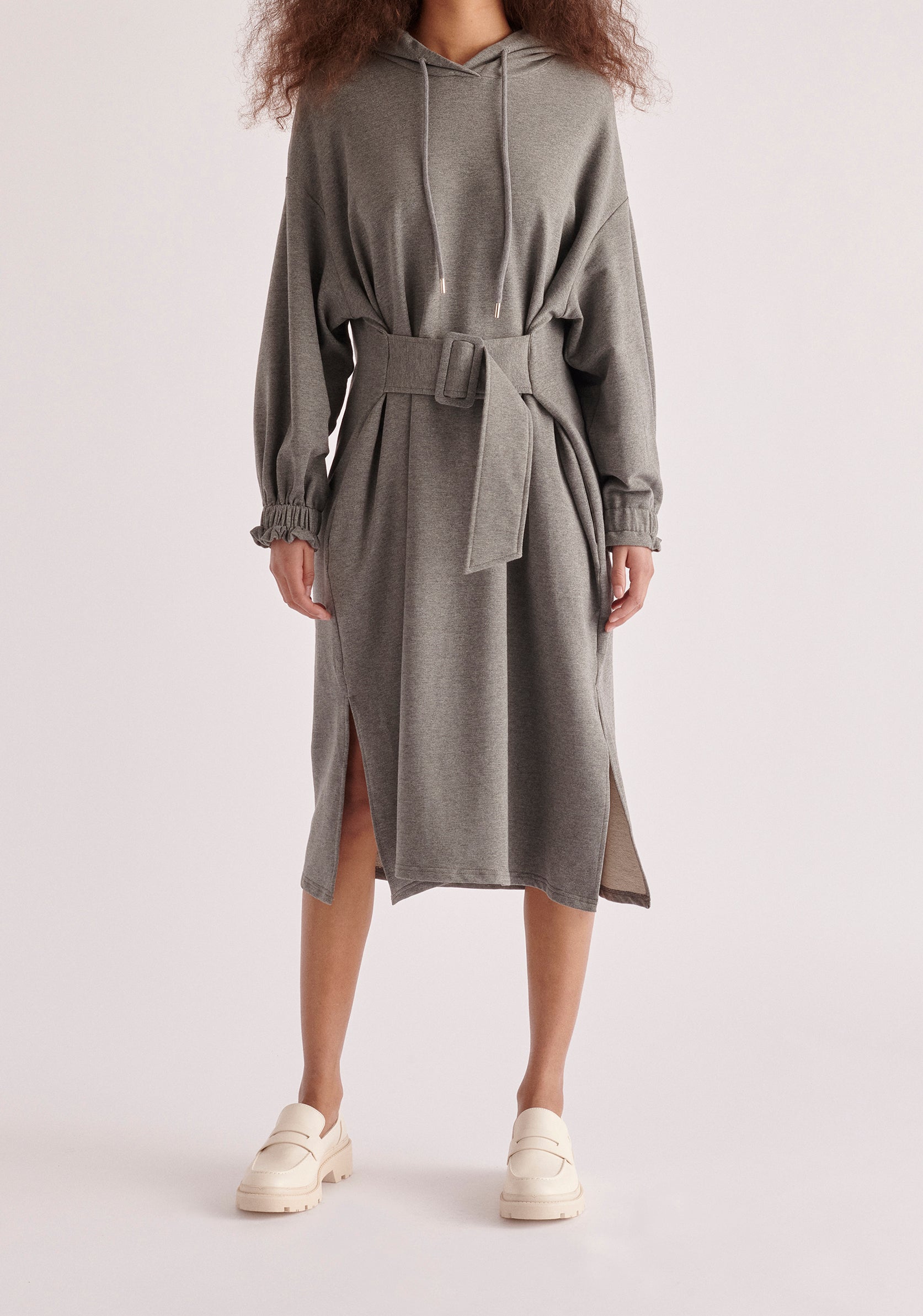 Paisie Belted Hoodie Dress in Grey