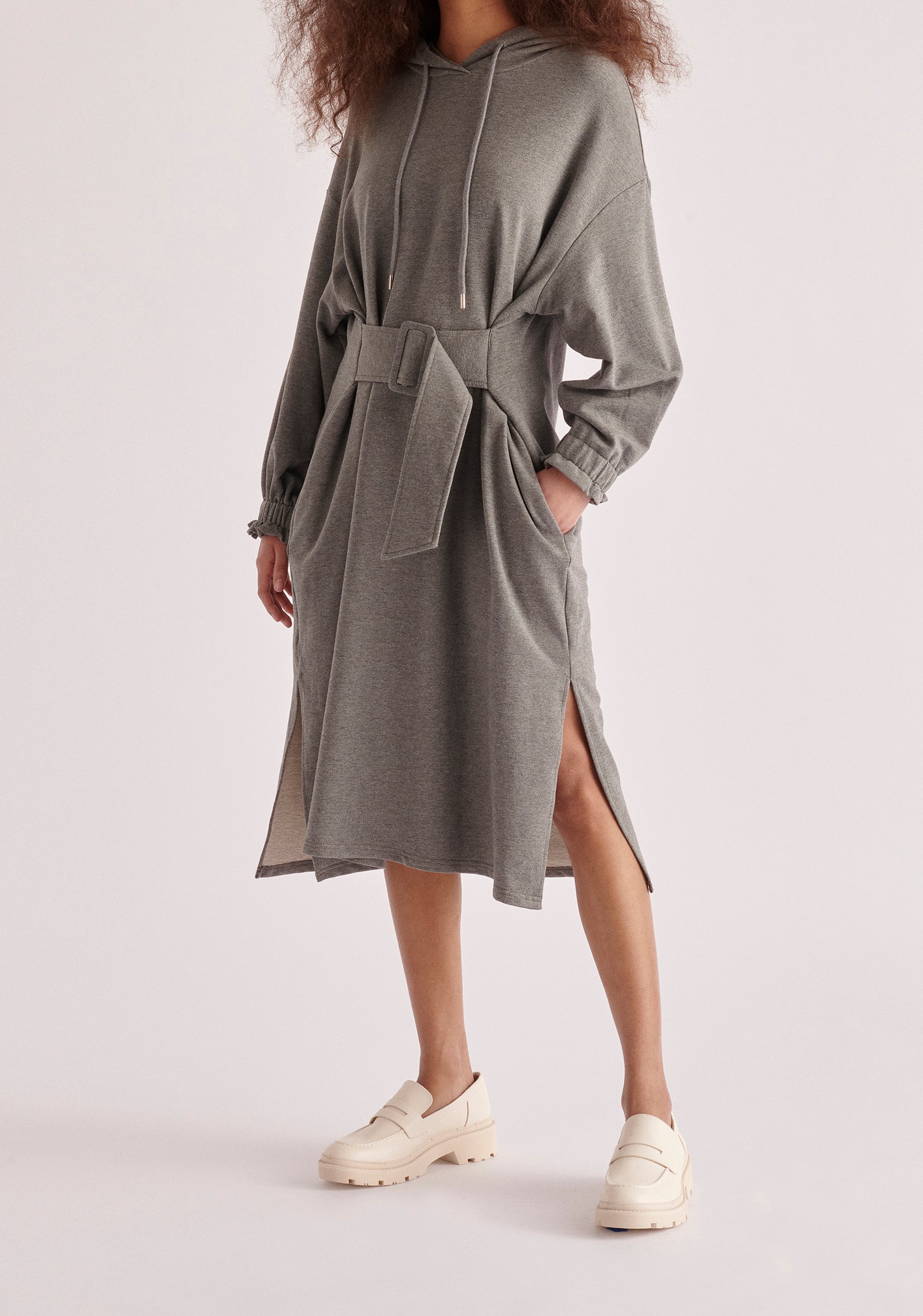 Paisie Belted Hoodie Dress in Grey