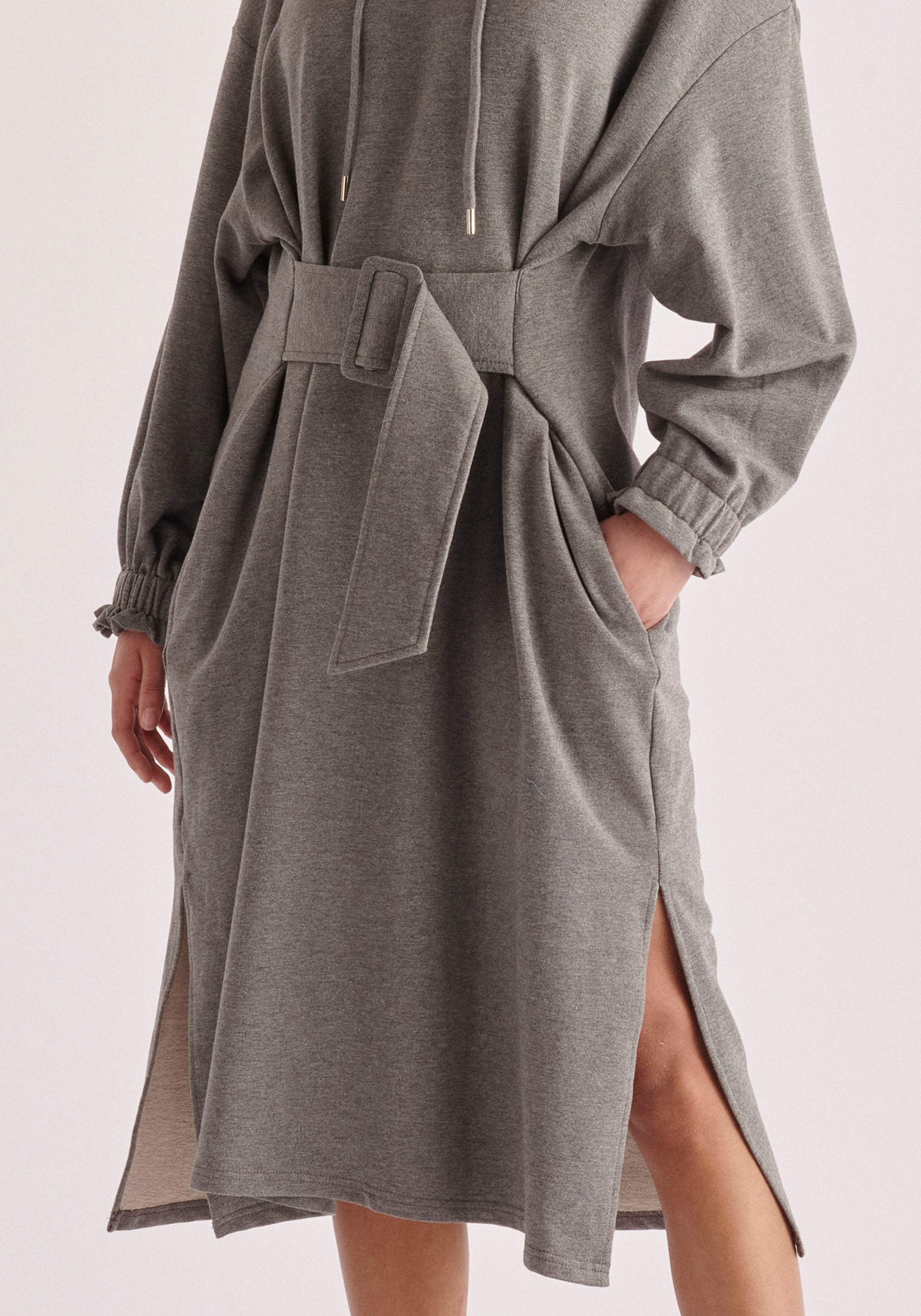 Paisie Belted Hoodie Dress in Grey Close Up