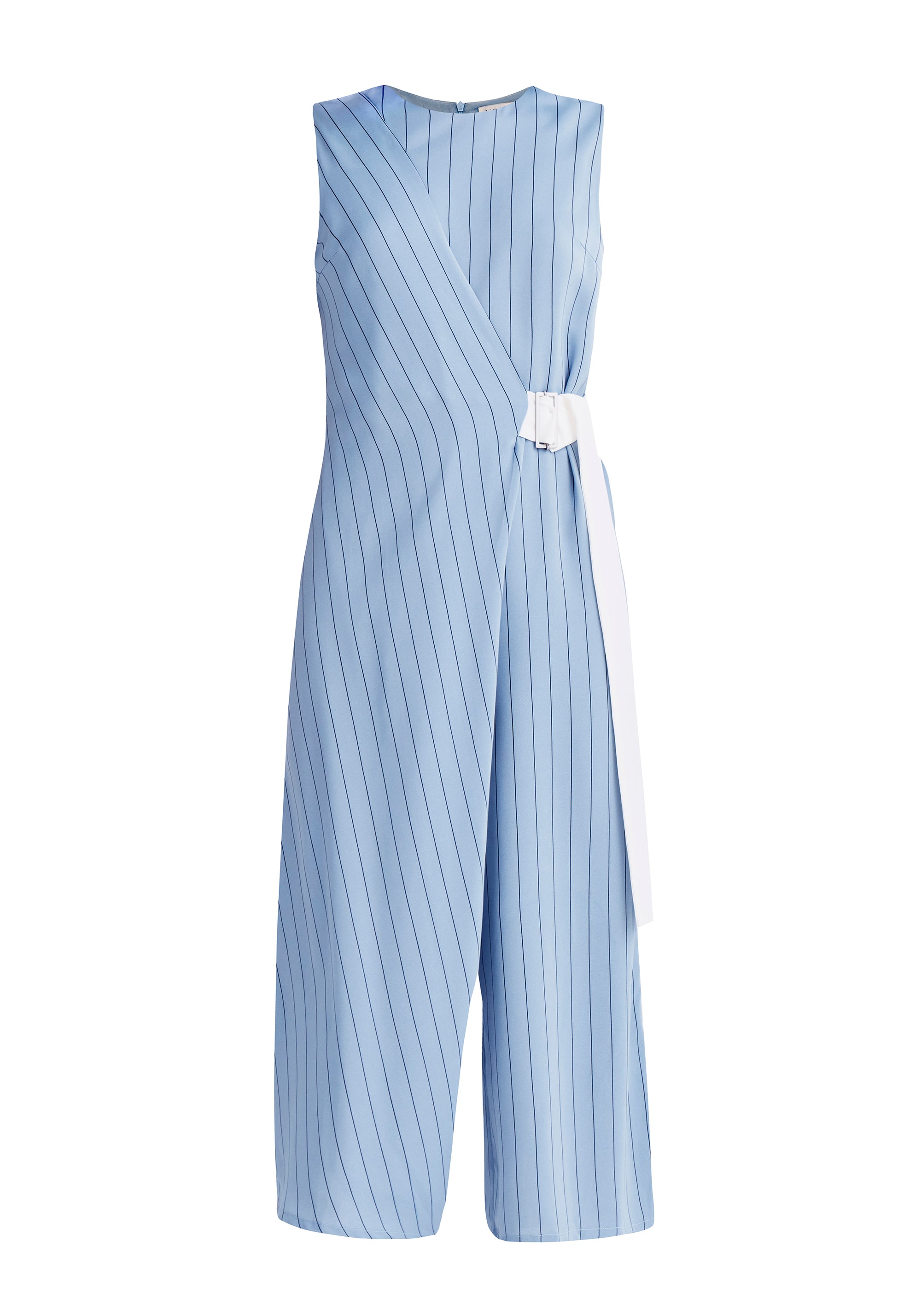 Paisie Pin Stripe Wrap Jumpsuit with Belt in Blue Cut Out