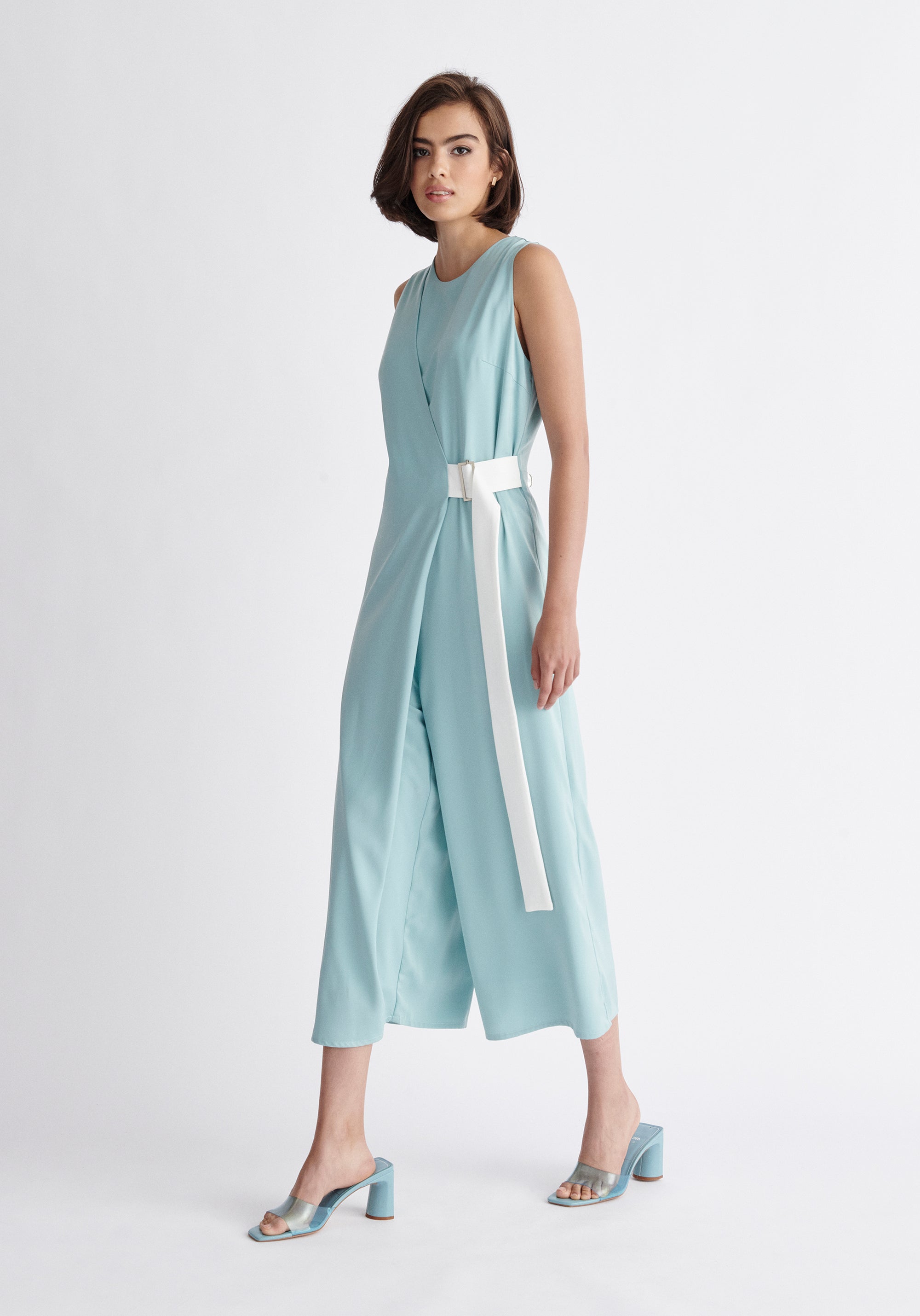Paisie Wrap Jumpsuit with Belt in Light Teal and White