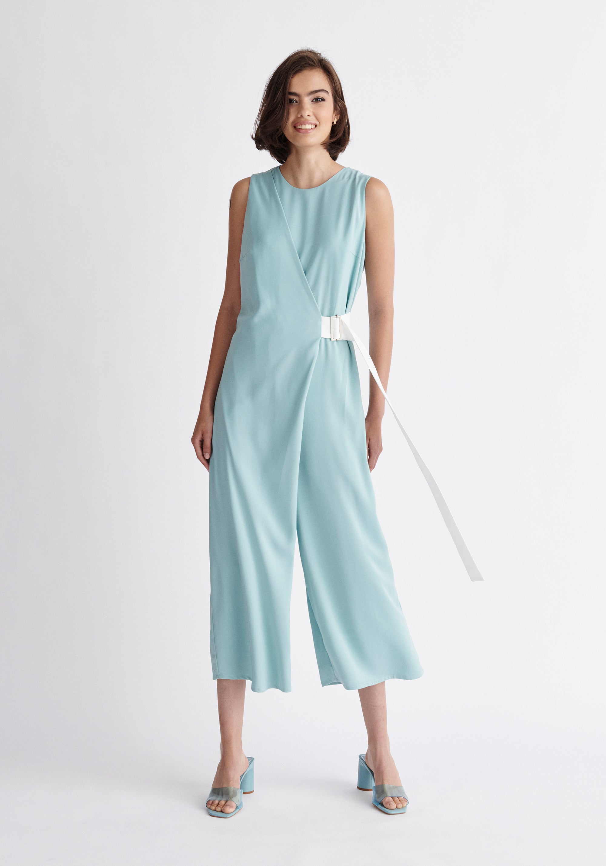 Paisie Wrap Jumpsuit with Belt in Light Teal and White