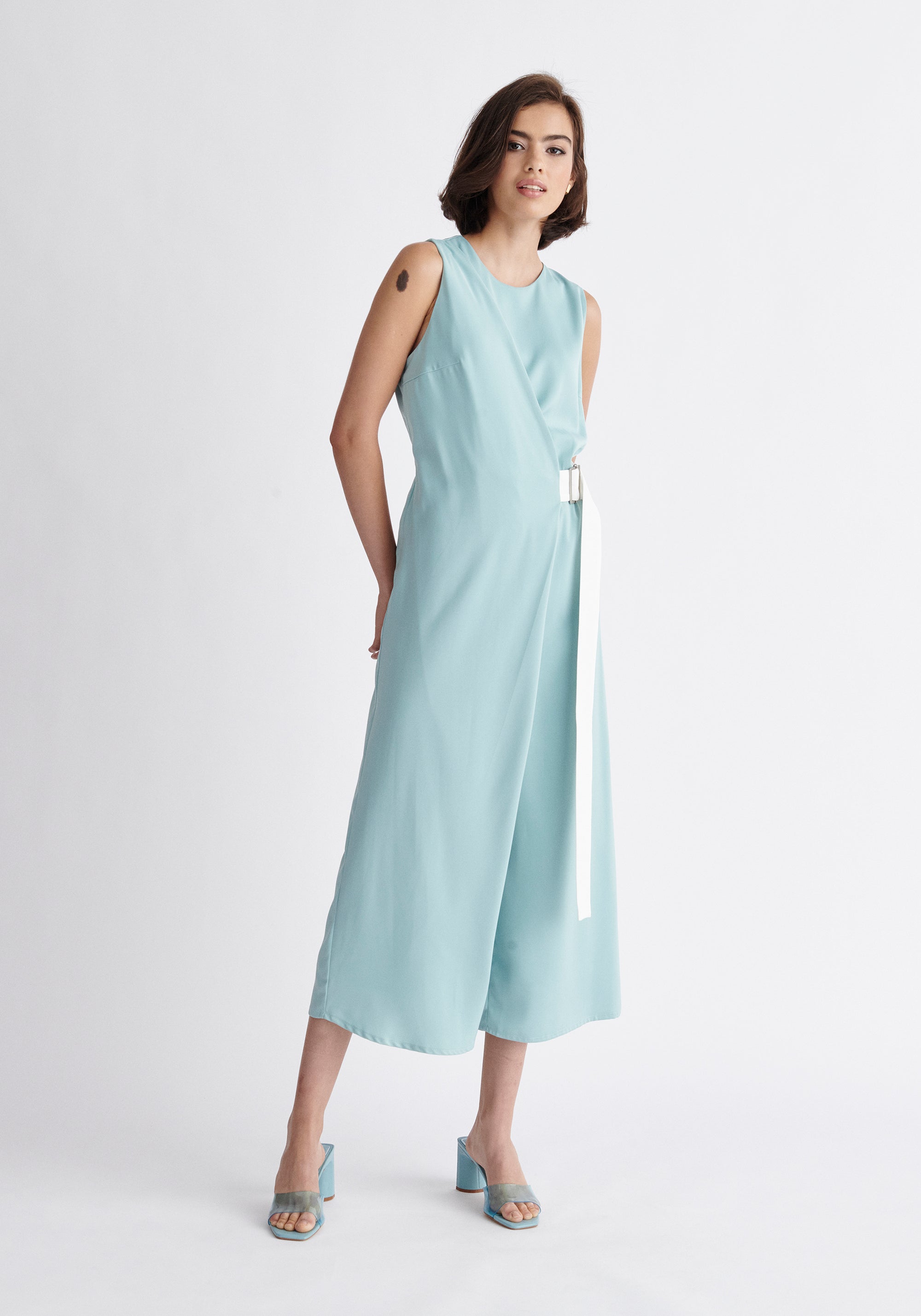 Paisie Wrap Jumpsuit with Belt in Light Teal and White