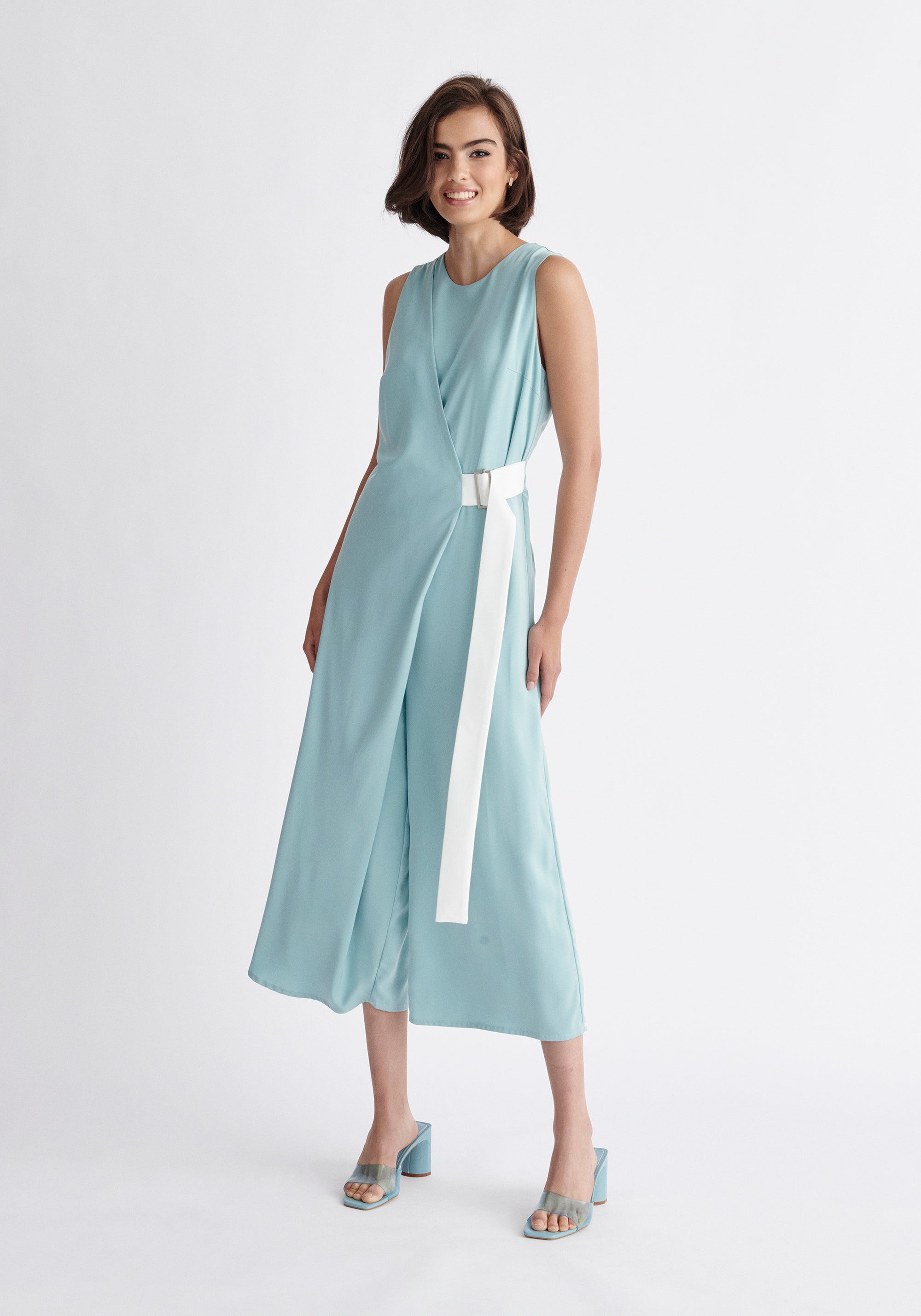 Paisie Wrap Jumpsuit with Belt in Light Teal and White