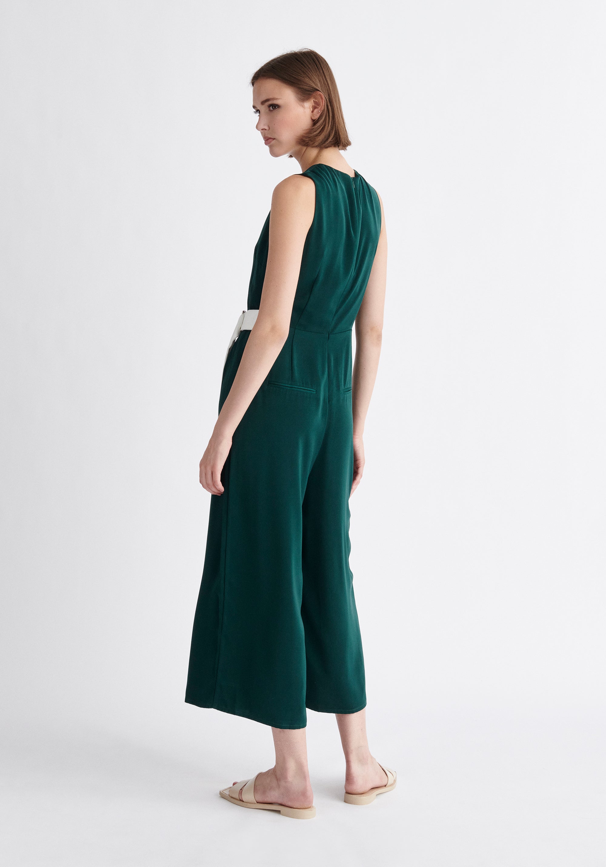 Paisie Wrap Jumpsuit with Belt in Dark Green and White Back