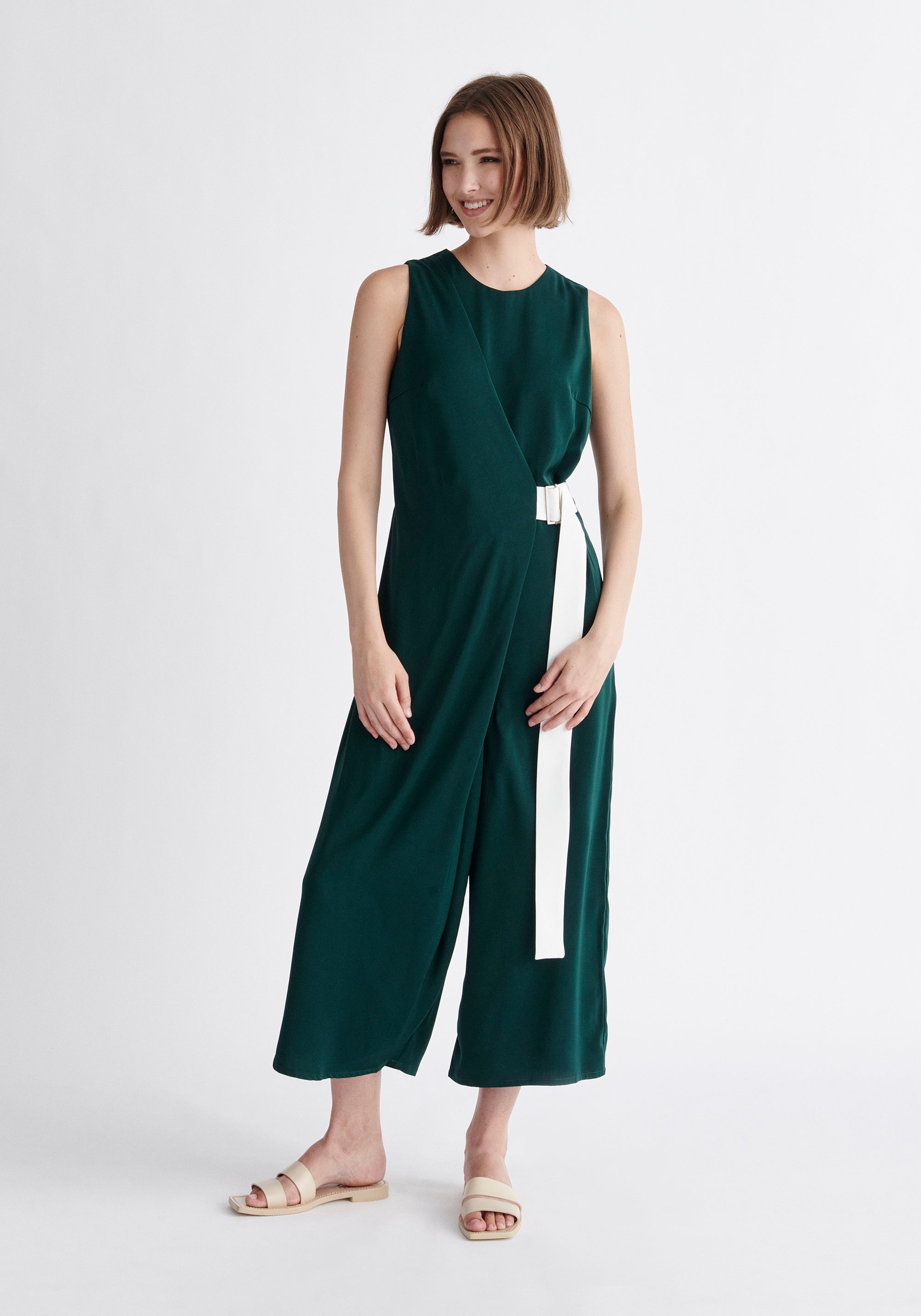 Paisie Wrap Jumpsuit with Belt in Dark Green and White