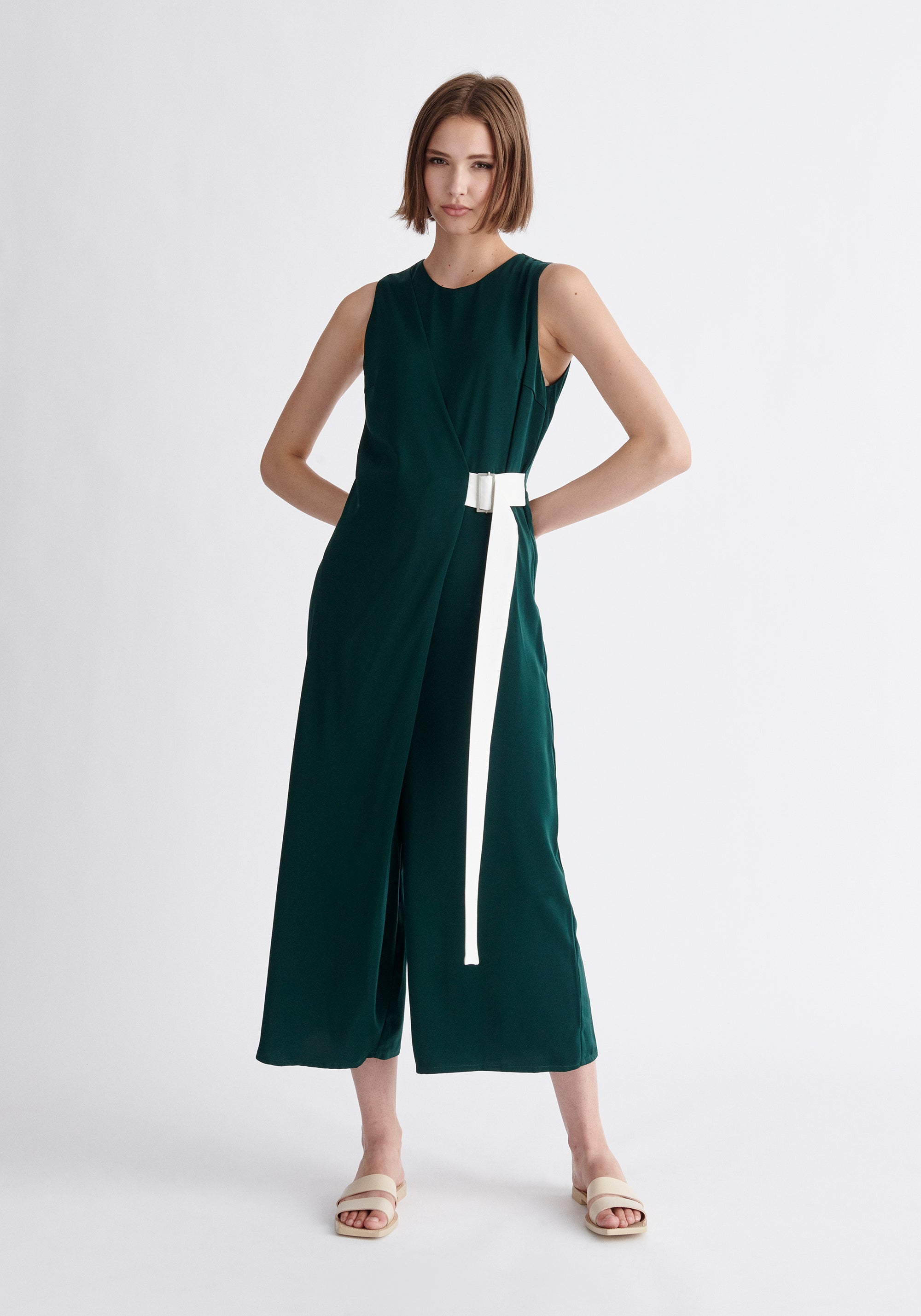 Paisie Wrap Jumpsuit with Belt in Dark Green and White