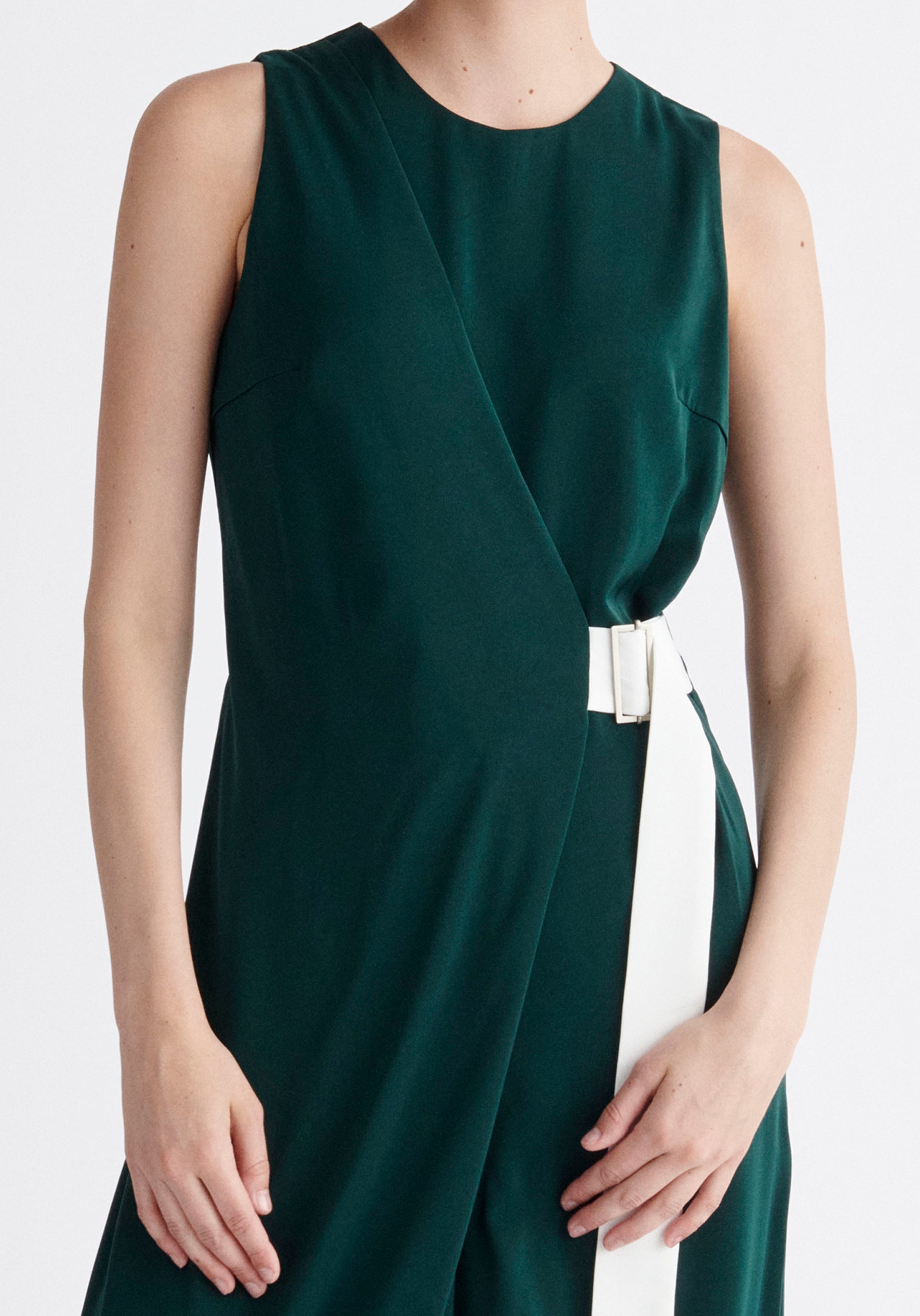 Paisie Wrap Jumpsuit with Belt in Dark Green and White Close Up
