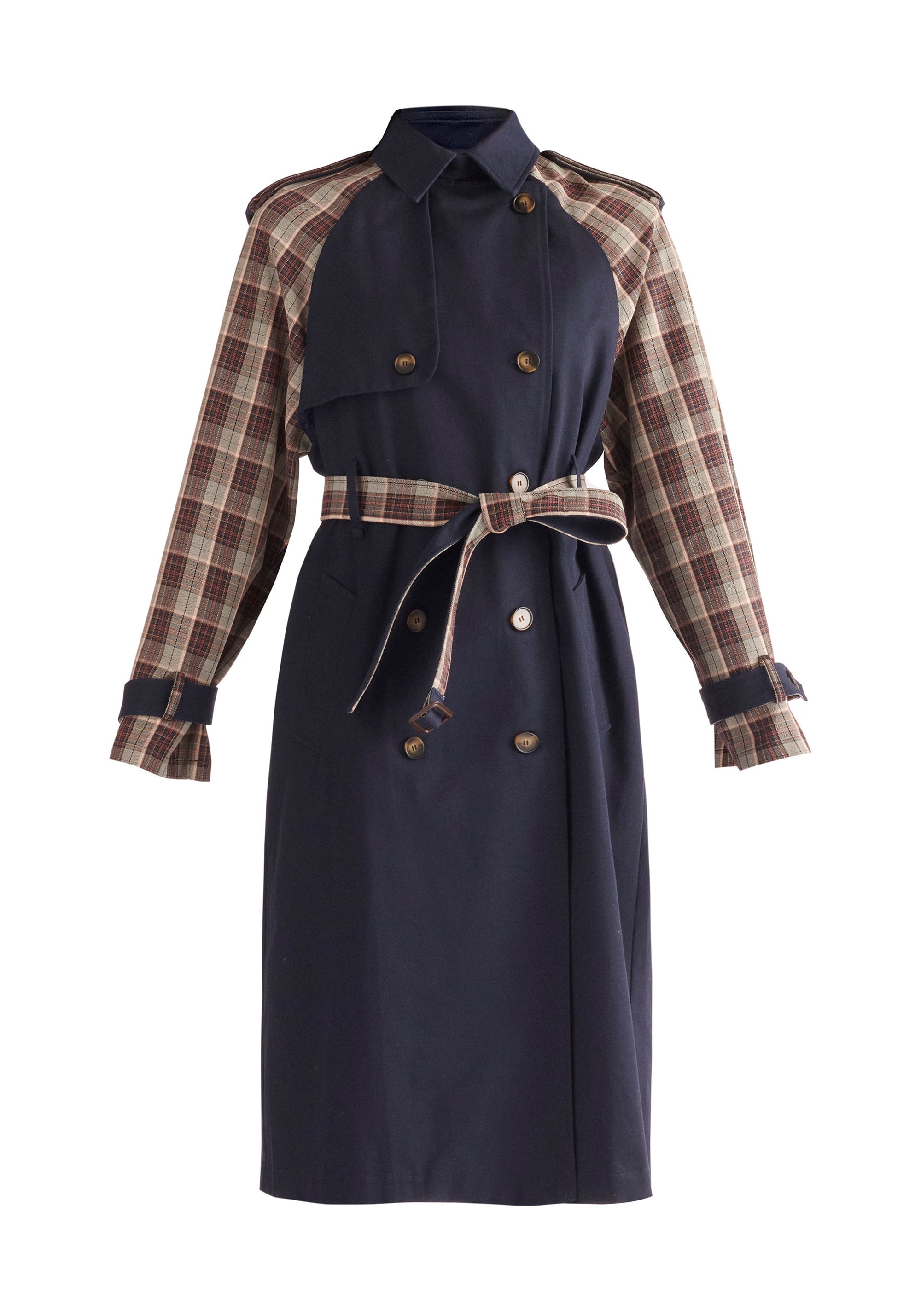 Paisie Plaid Trench Coat in Navy Cut Out