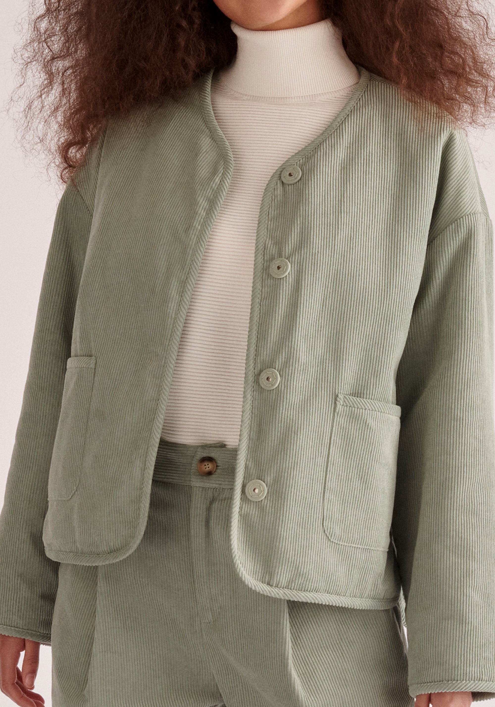 Paisie Reversible Corduroy and Fleece Jacket in Mint Green Close Up
